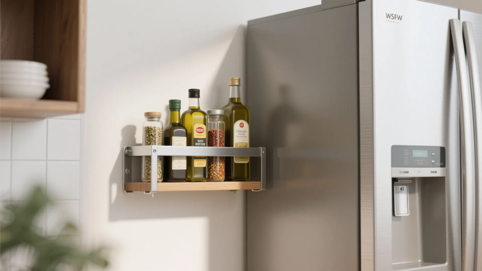 Adjustable narrow shelves storing spices and oils