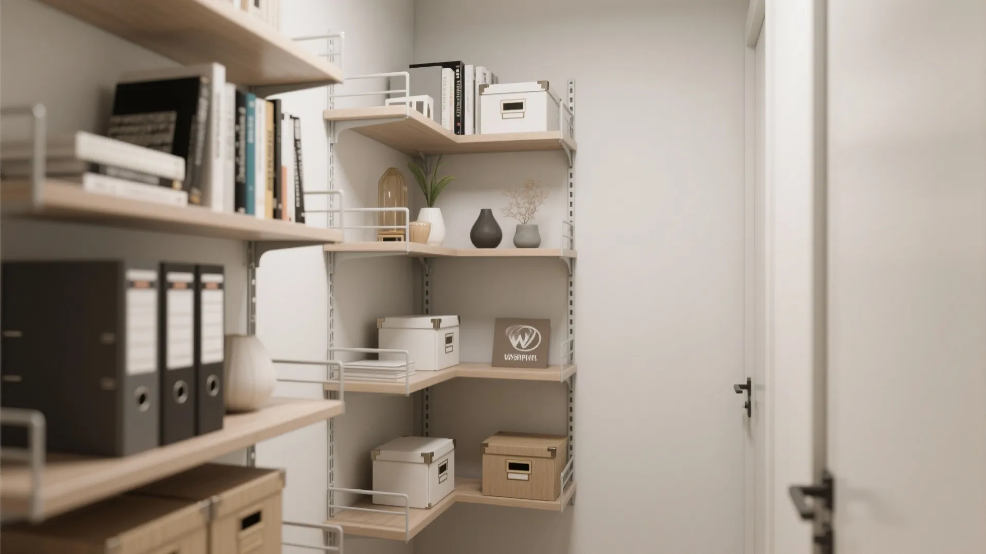 Wall shelves in a corner holding books, storage boxes, files, and small decorative plant pots