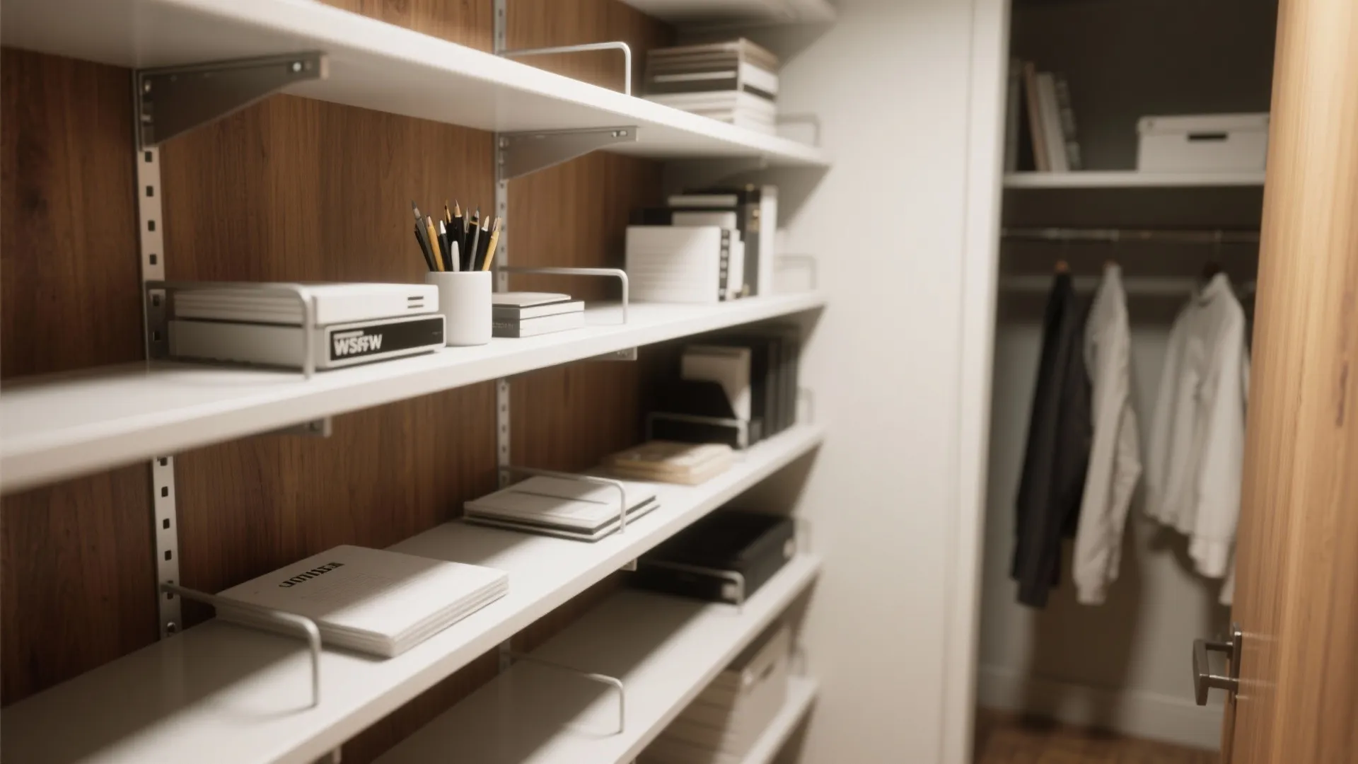 Wall mounted white adjustable shelves with books and pencils in a tidy wood paneled room