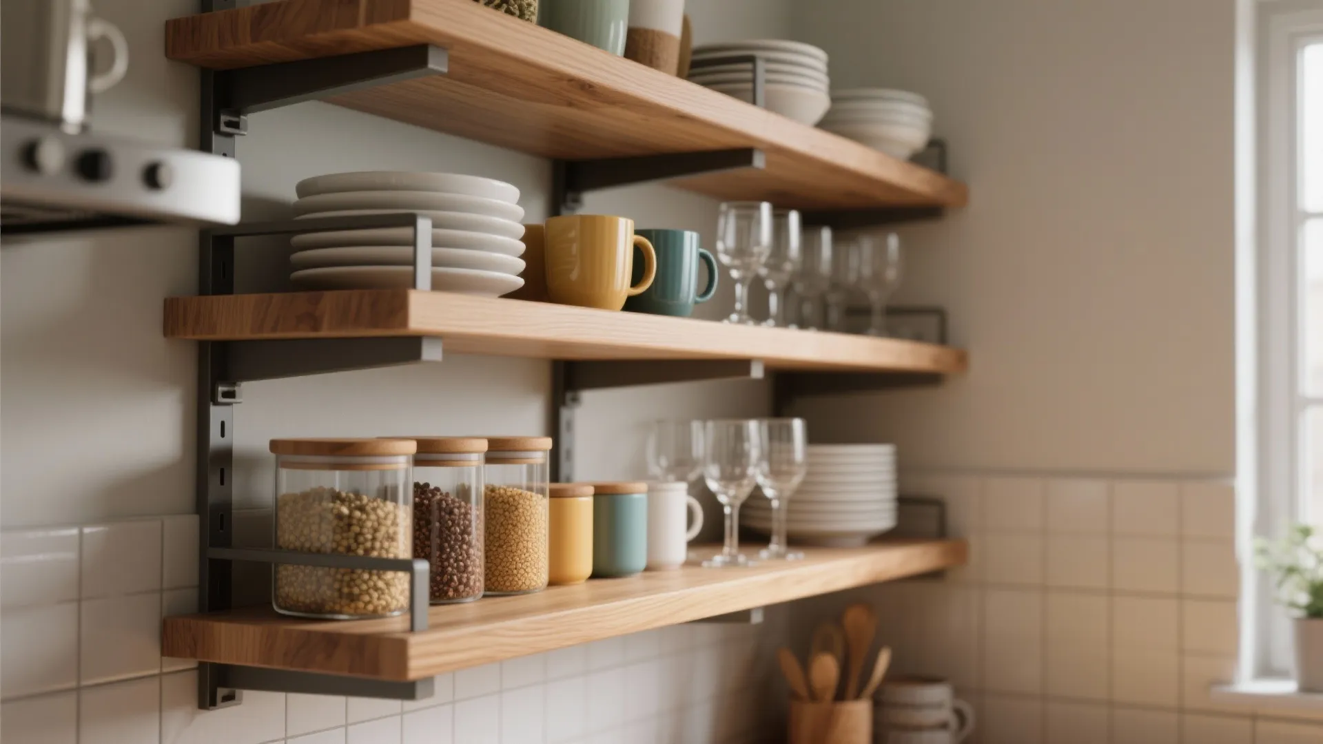 Adjustable wooden open shelves in a small kitchen with color-grouped dishes and matching containers.