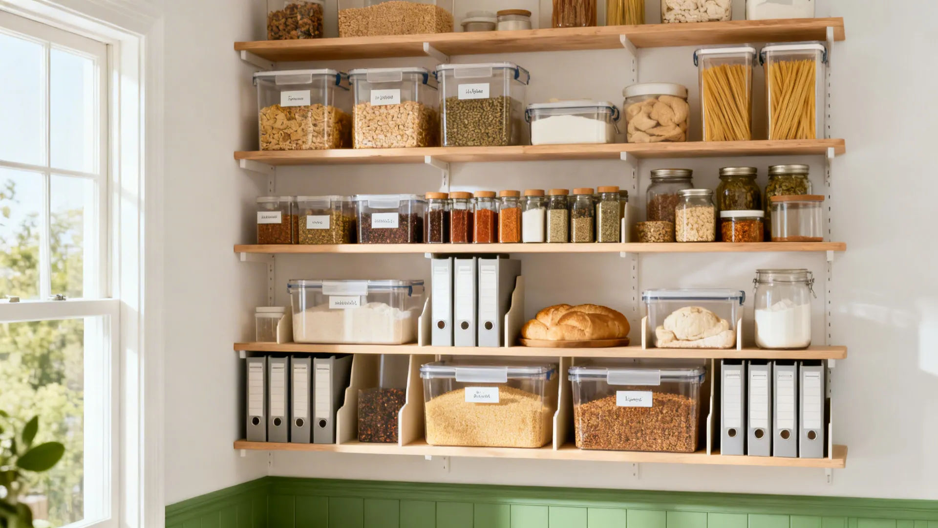 Adjustable open shelving with clear labeled bins and jars organized by category in a small kitchen.