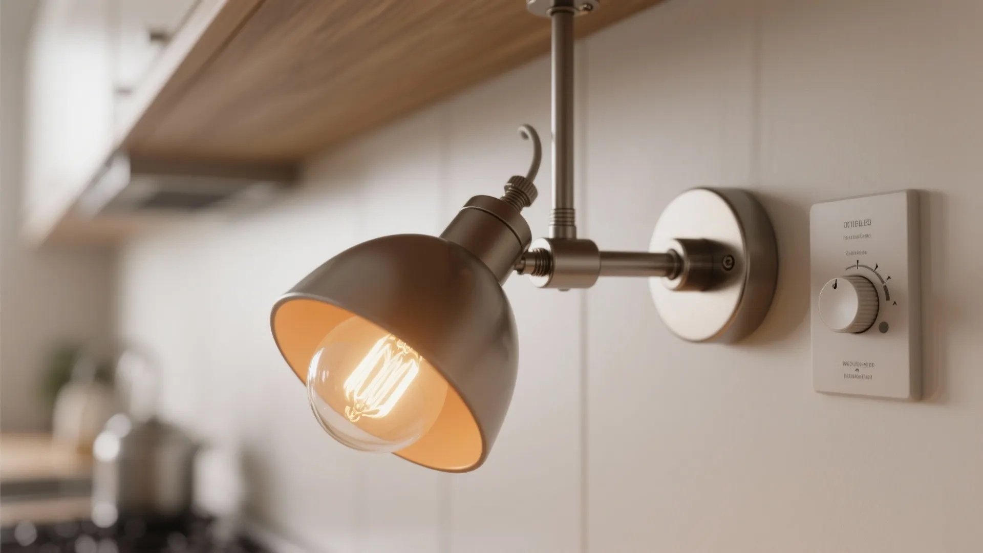Close-up of an adjustable pendant stem and a dimmer switch showing compatibility and warm LED glow in a kitchen.