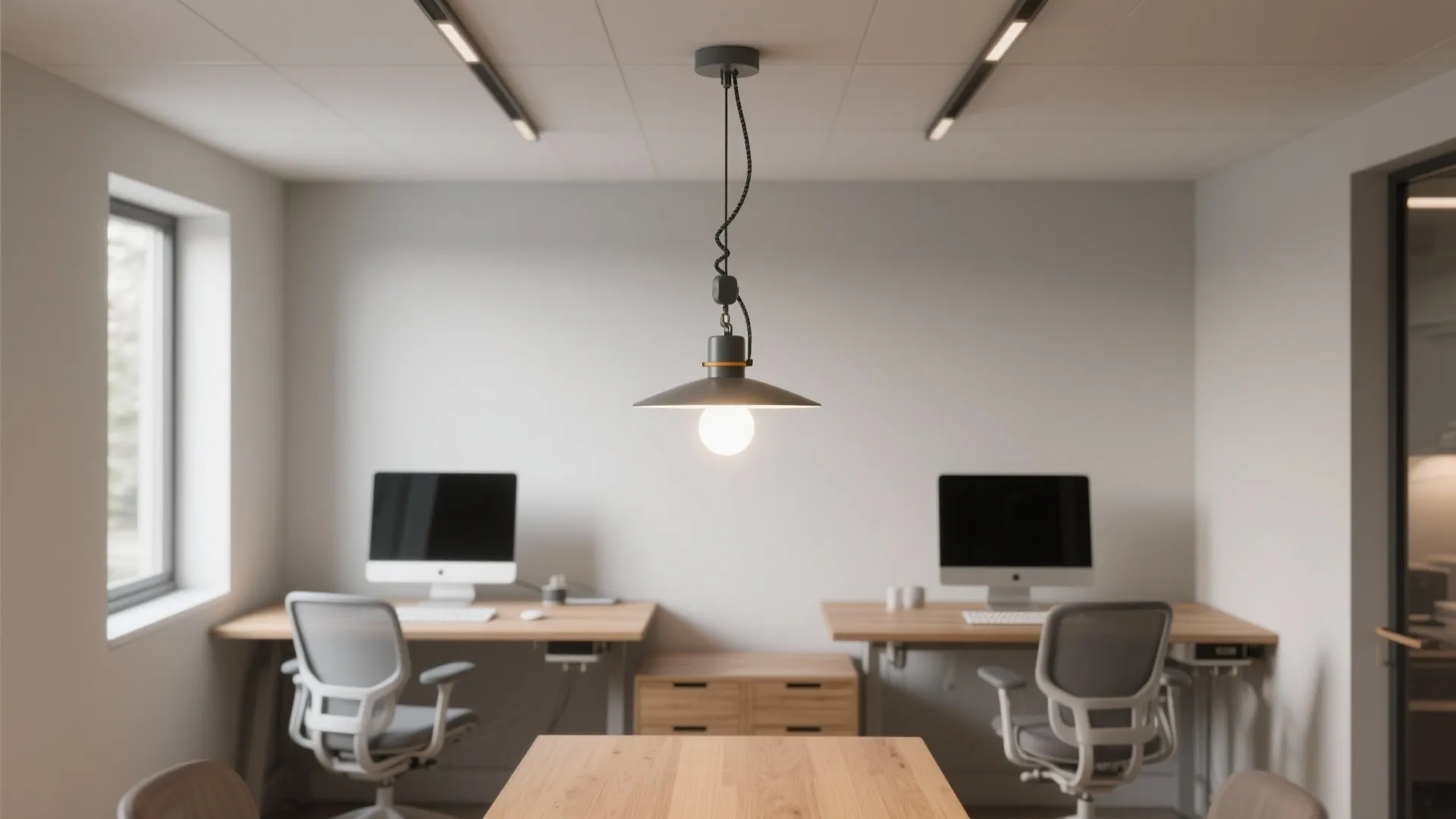 Modern office interior with adjustable black ceiling light hanging over wooden desks and office chairs