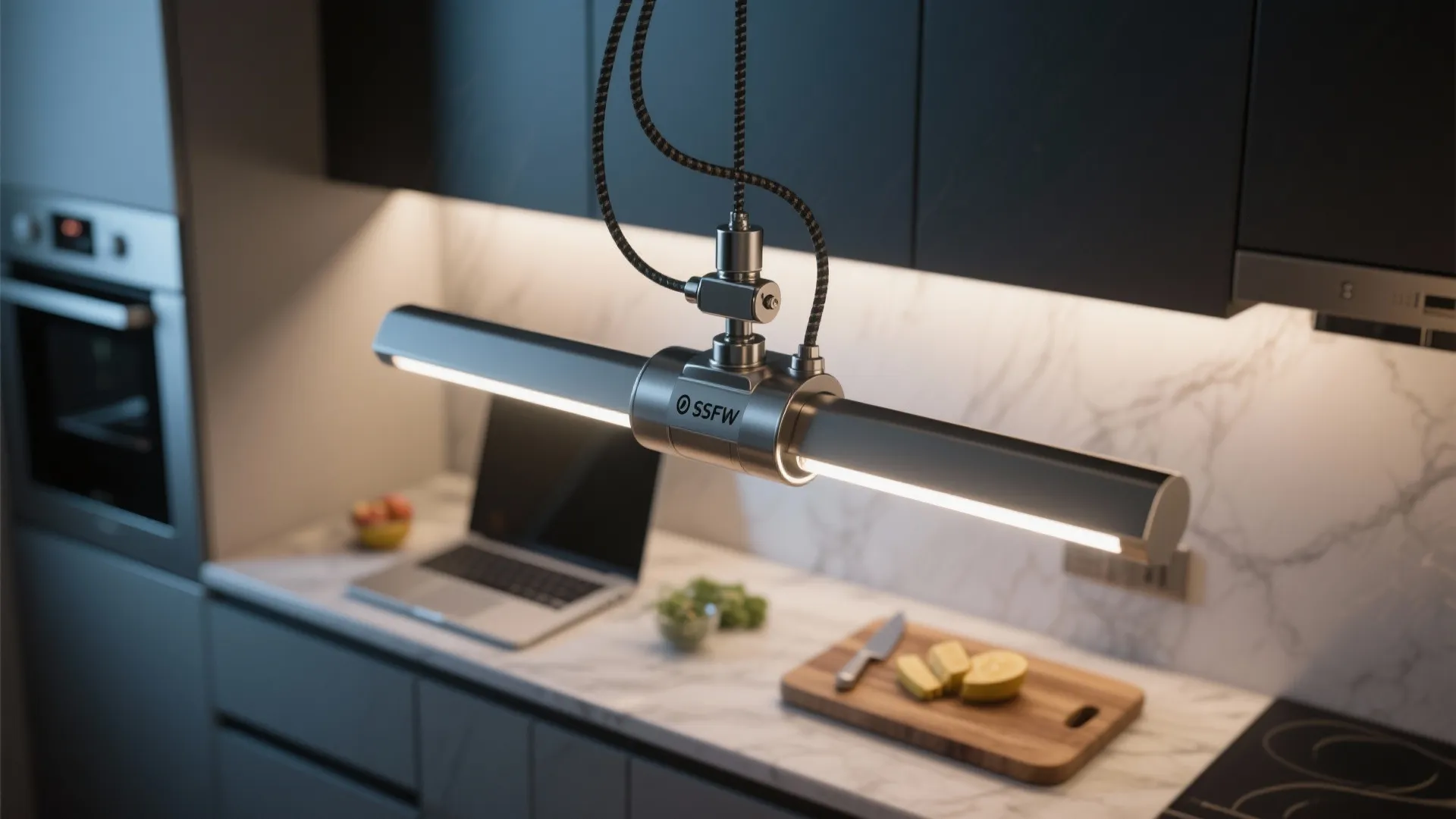 Close-up of an adjustable pendant light aimed over a compact kitchen workspace showing hardware and finish.