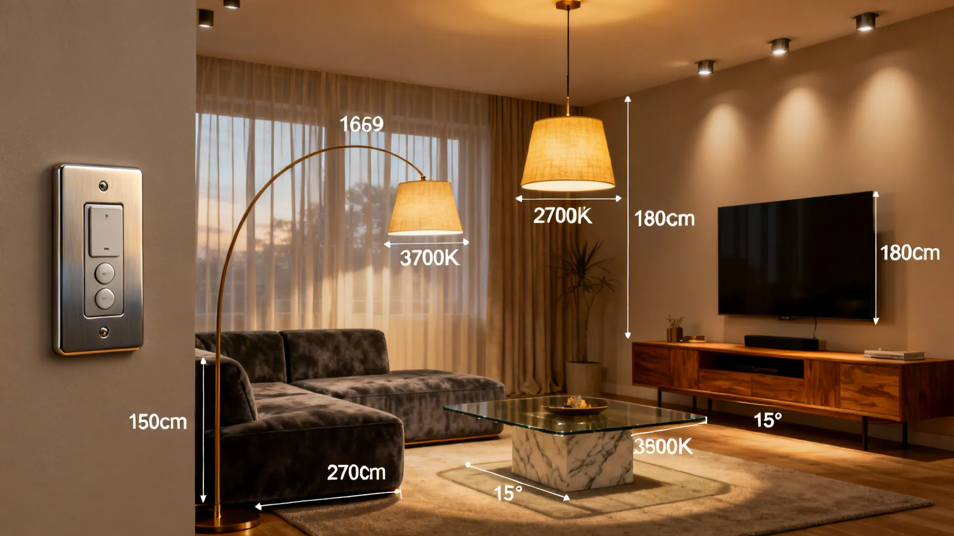 Adjustable pendant shown at varying heights with dimmer controls in a multifunctional living room.