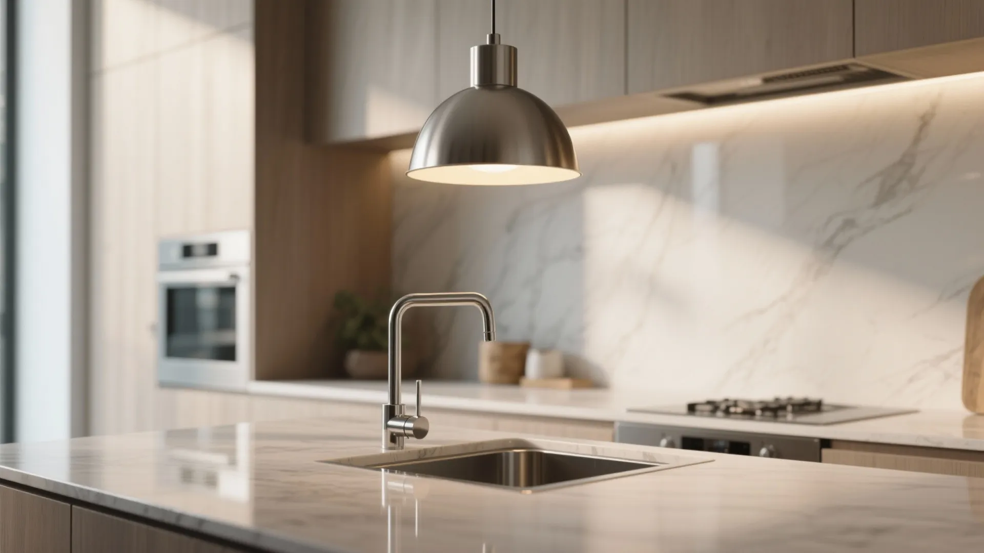 Adjustable-height pendant light above a modern kitchen sink