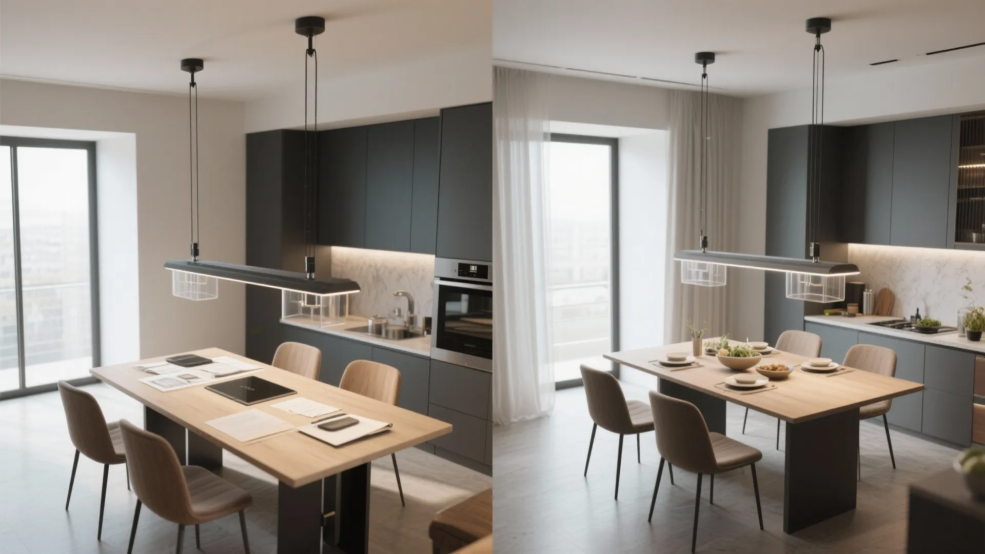 4. Adjustable-height pendants for multi-use tables