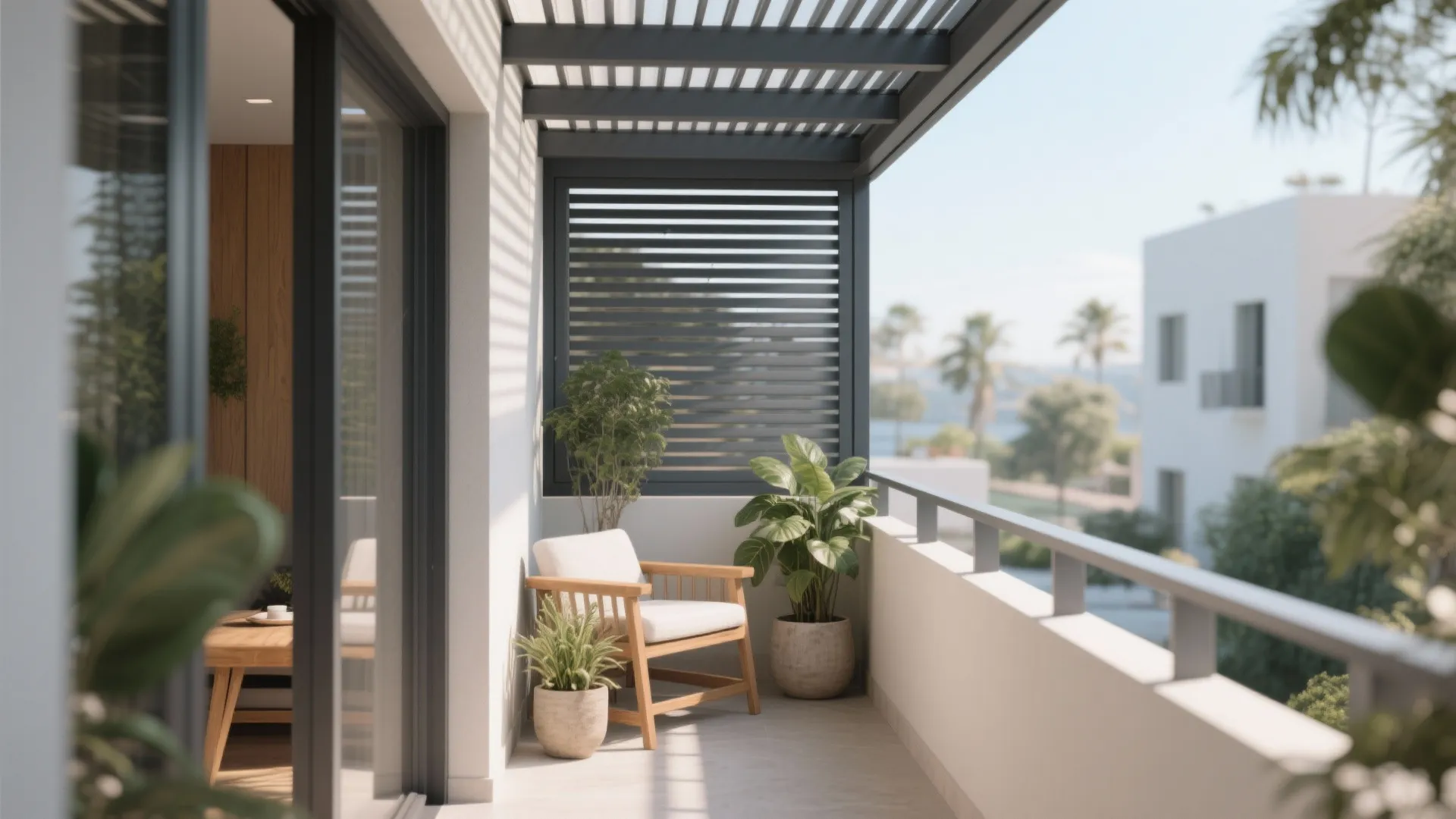 Narrow balcony with a matte charcoal aluminum pergola and adjustable slats over warm wood seating.
