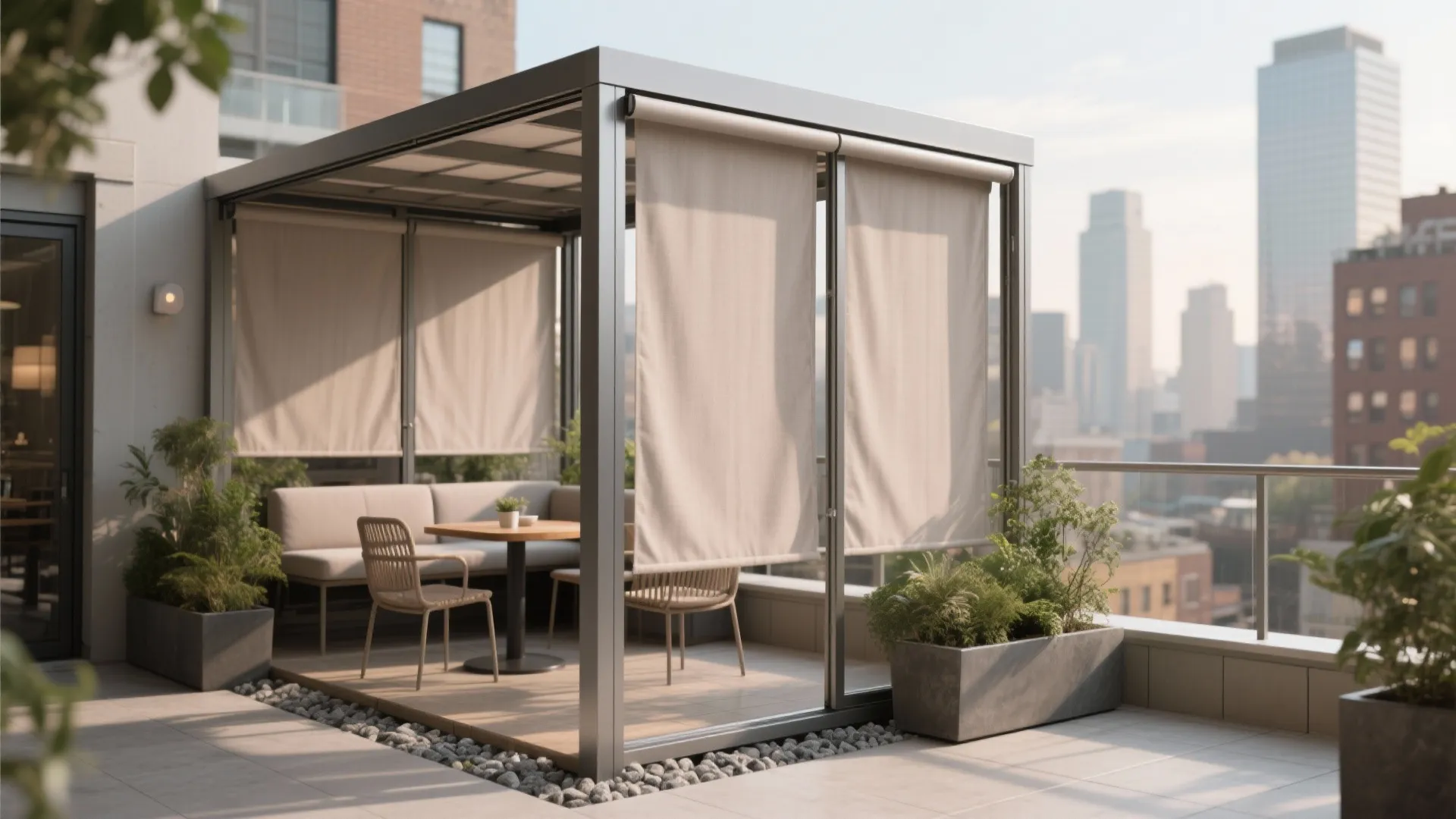 Rooftop terrace with a grey metal frame outdoor structure featuring cream curtains and seating area