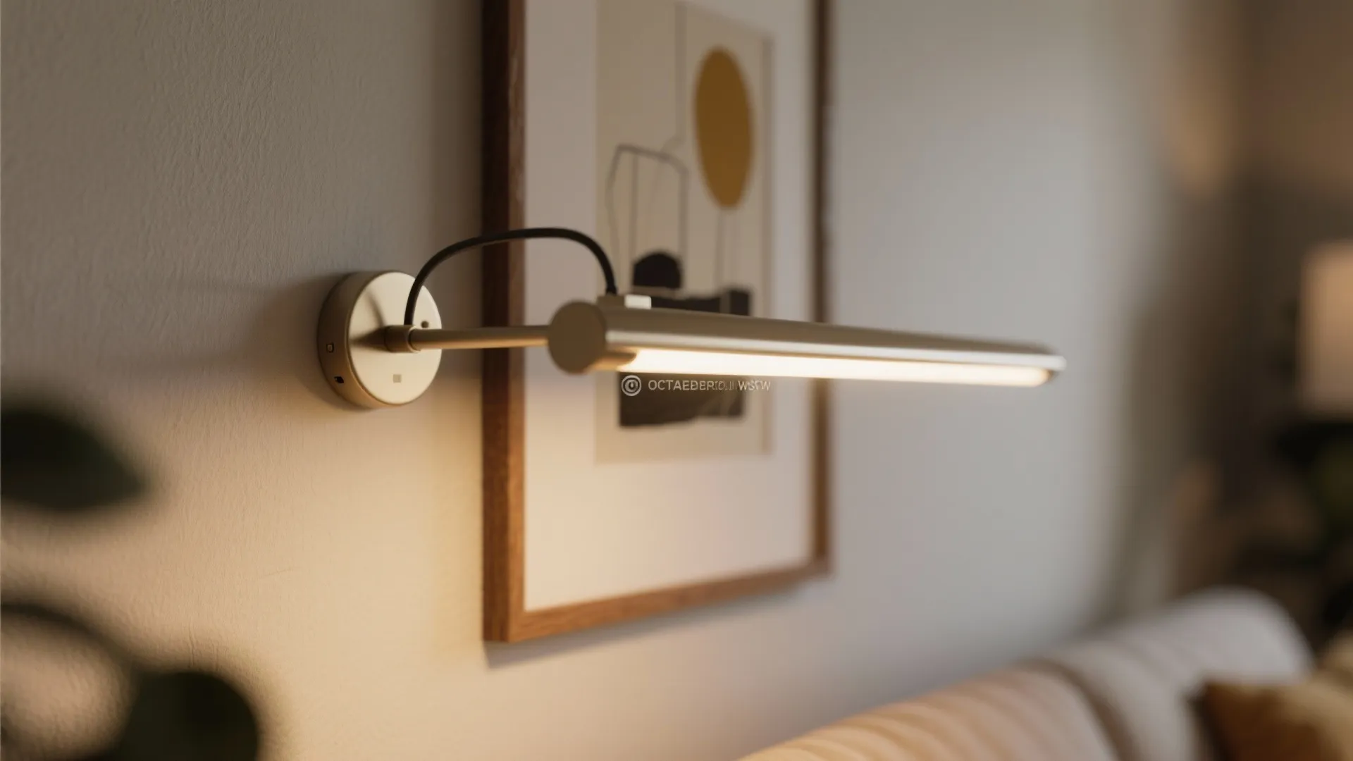 Close-up of an adjustable picture light casting even warm light on a framed print.