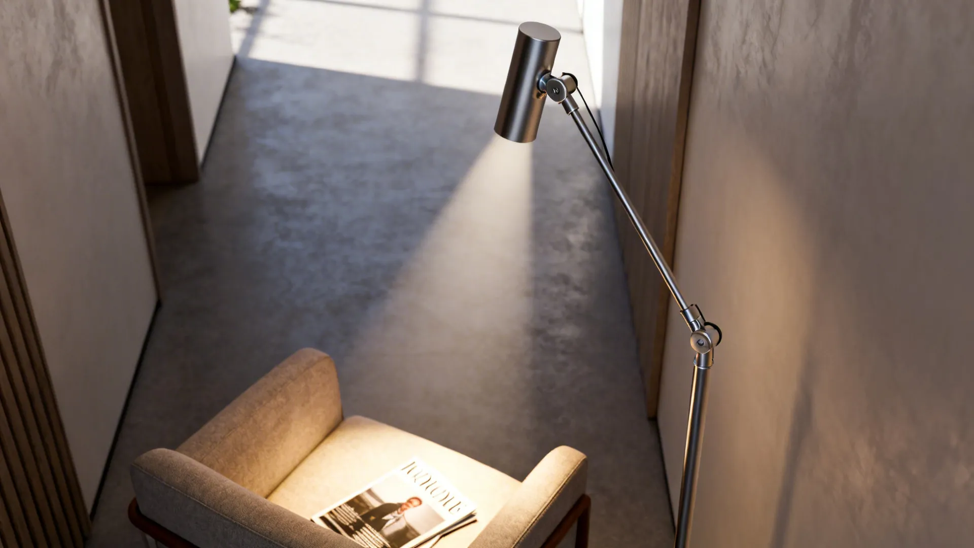 Slim pole lamp with adjustable arm focusing light on an armchair; close-up on durable adjustable hardware.