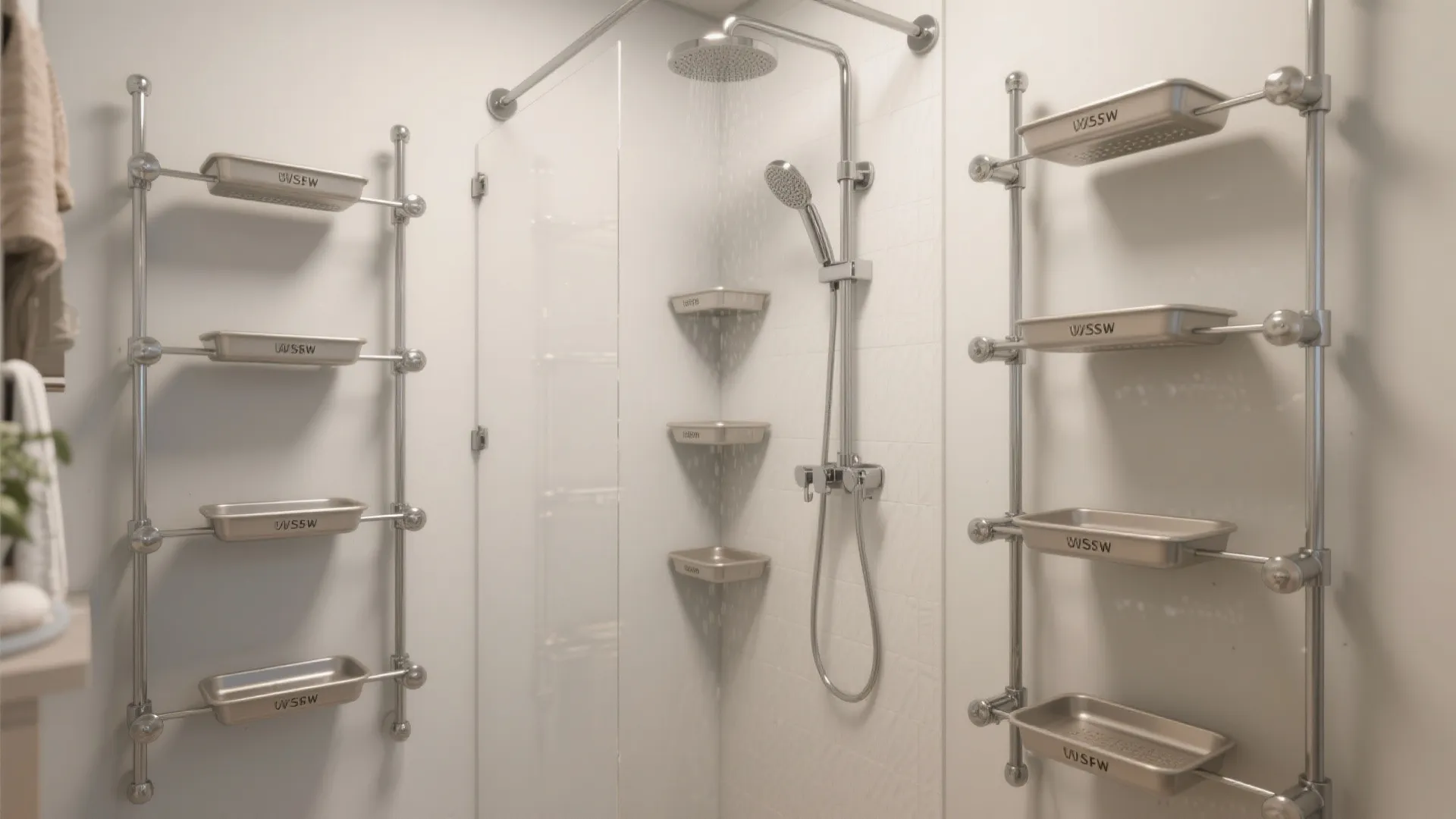 Modern shower area featuring multiple adjustable metal shelves on vertical poles and a shower head