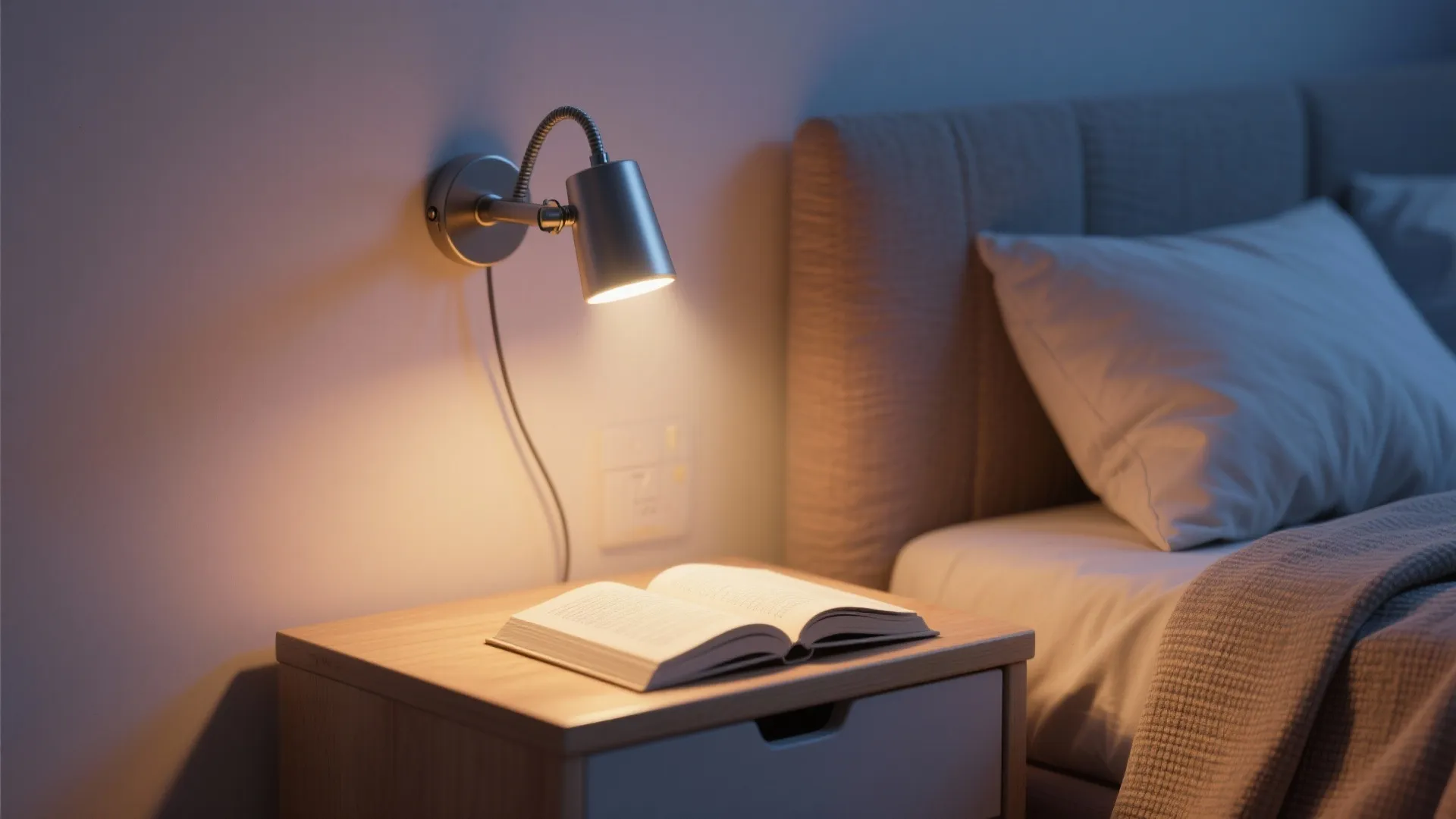 Adjustable LED reading light mounted beside a bed casting a warm focused beam on an open book.