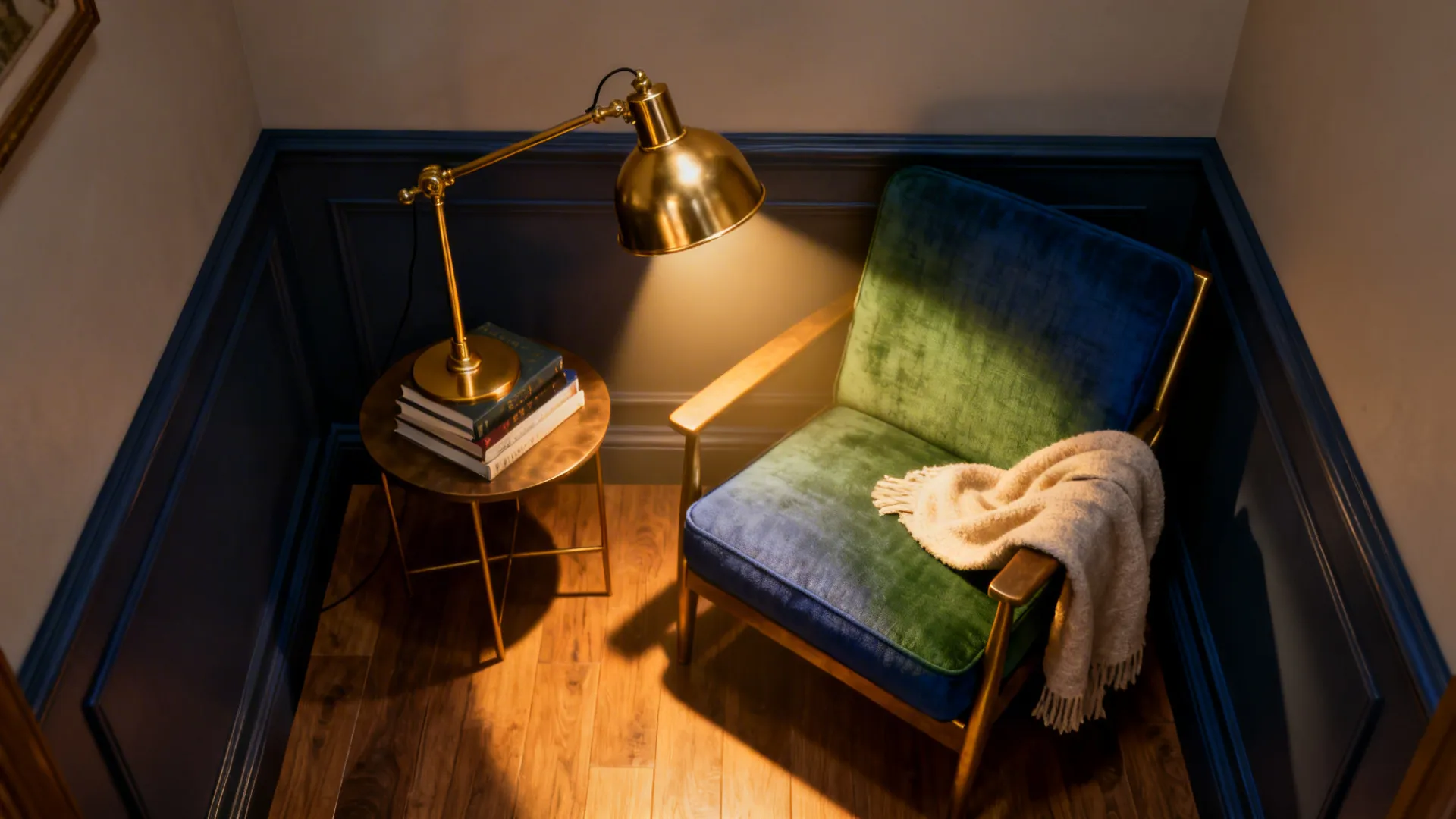 Adjustable brass task lamp illuminating a cozy reading nook with chair and books.