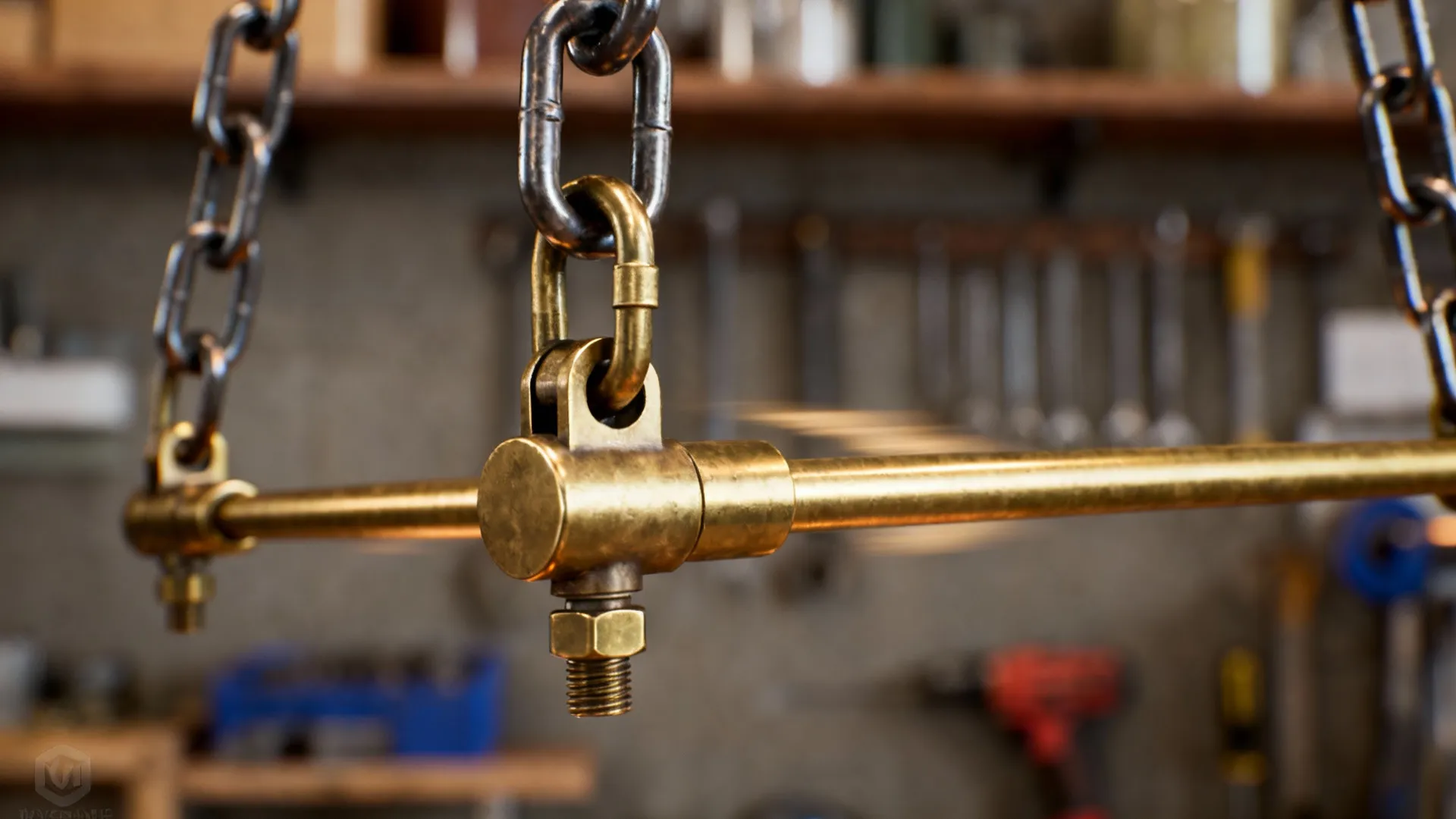 Close-up of adjustable chain and rod hardware for chandelier installation