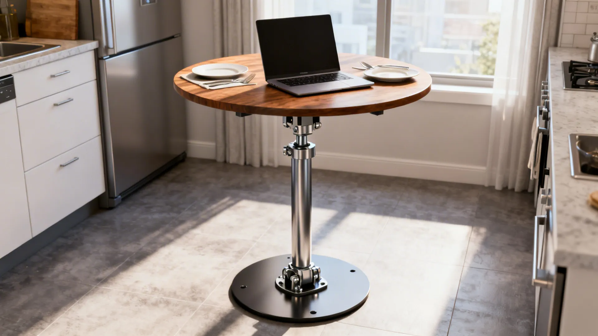 Multifunctional adjustable-height round table staged for dining and working in a small condo