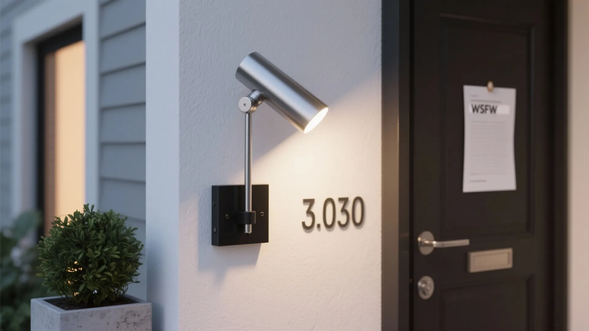 Minimalist adjustable-head outdoor sconce aimed at a house number and a plant, showing flexible lighting