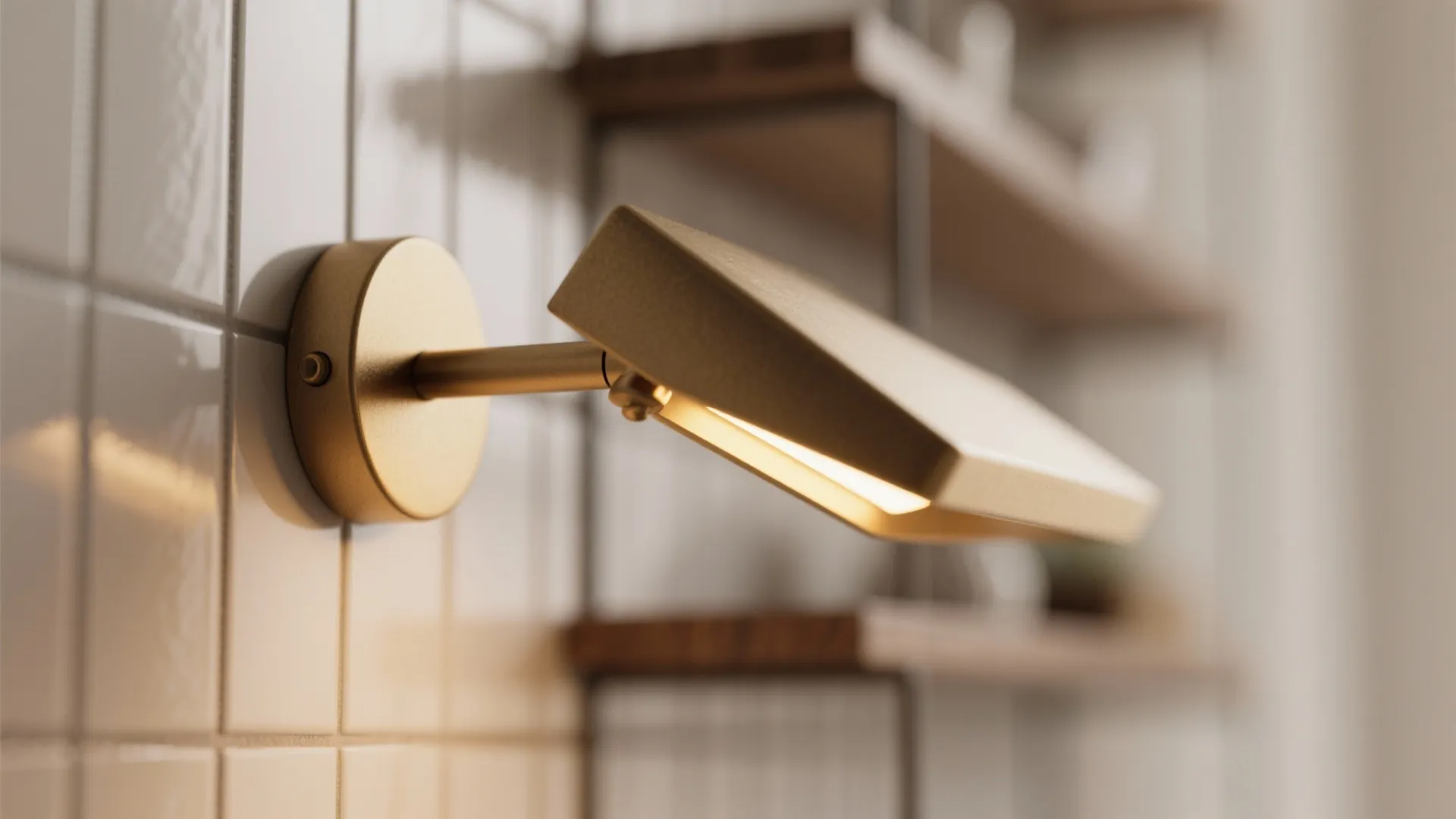 Close-up of a matte brass adjustable LED sconce pivoting arm with warm light
