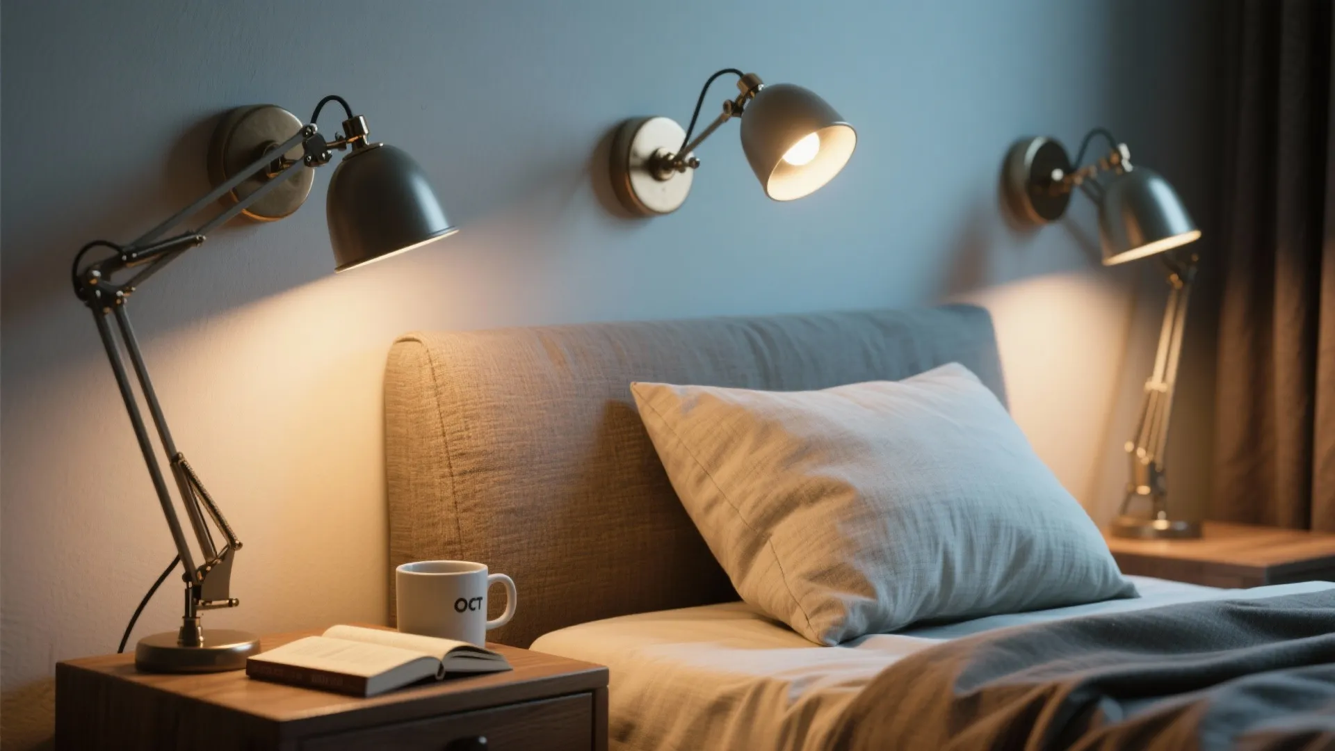 Cozy bedroom with gray bed and two gray wall light fixtures above the wooden nightstand