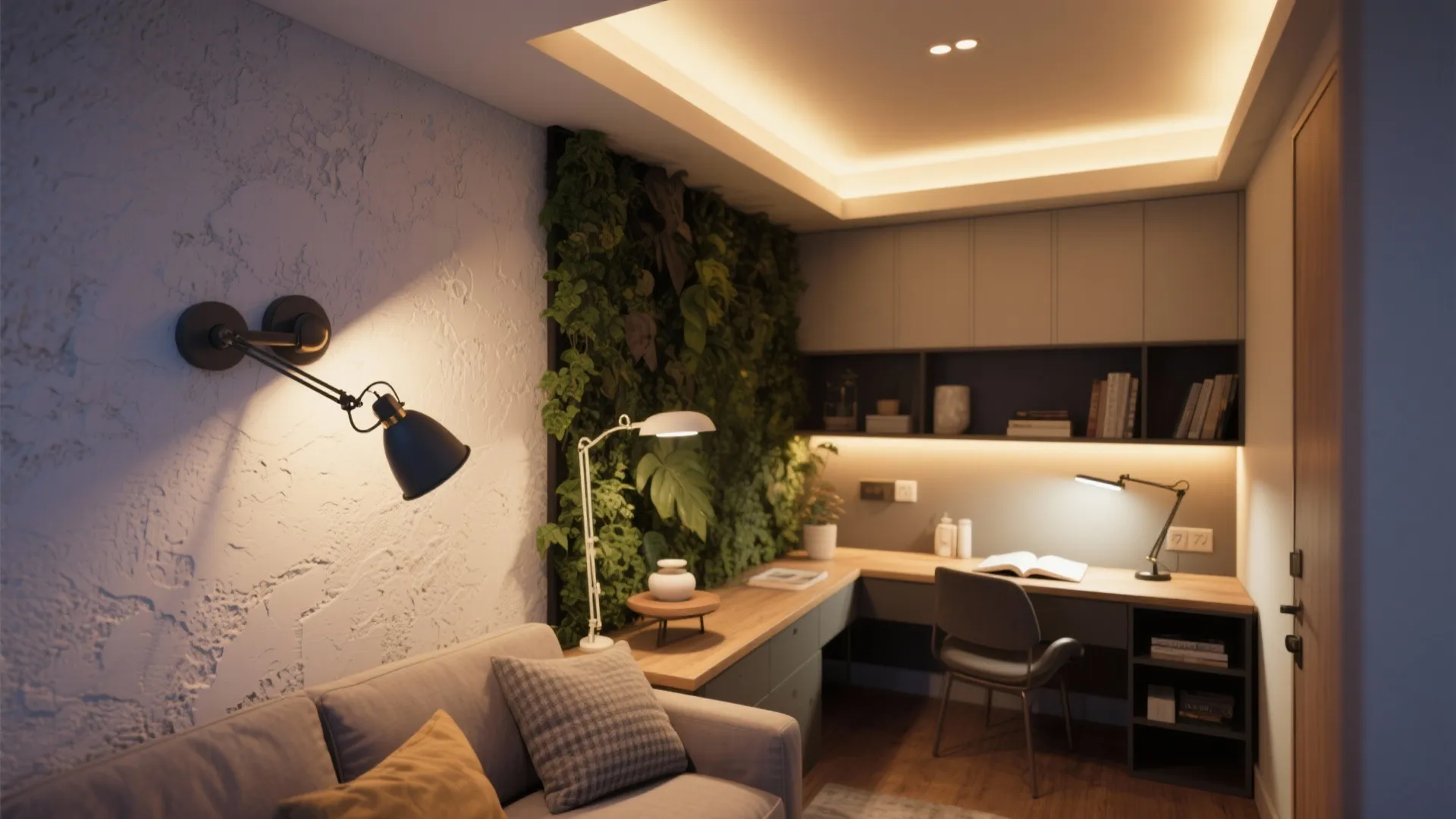 Modern home office with wall light desk lamp and ceiling light over wooden work table