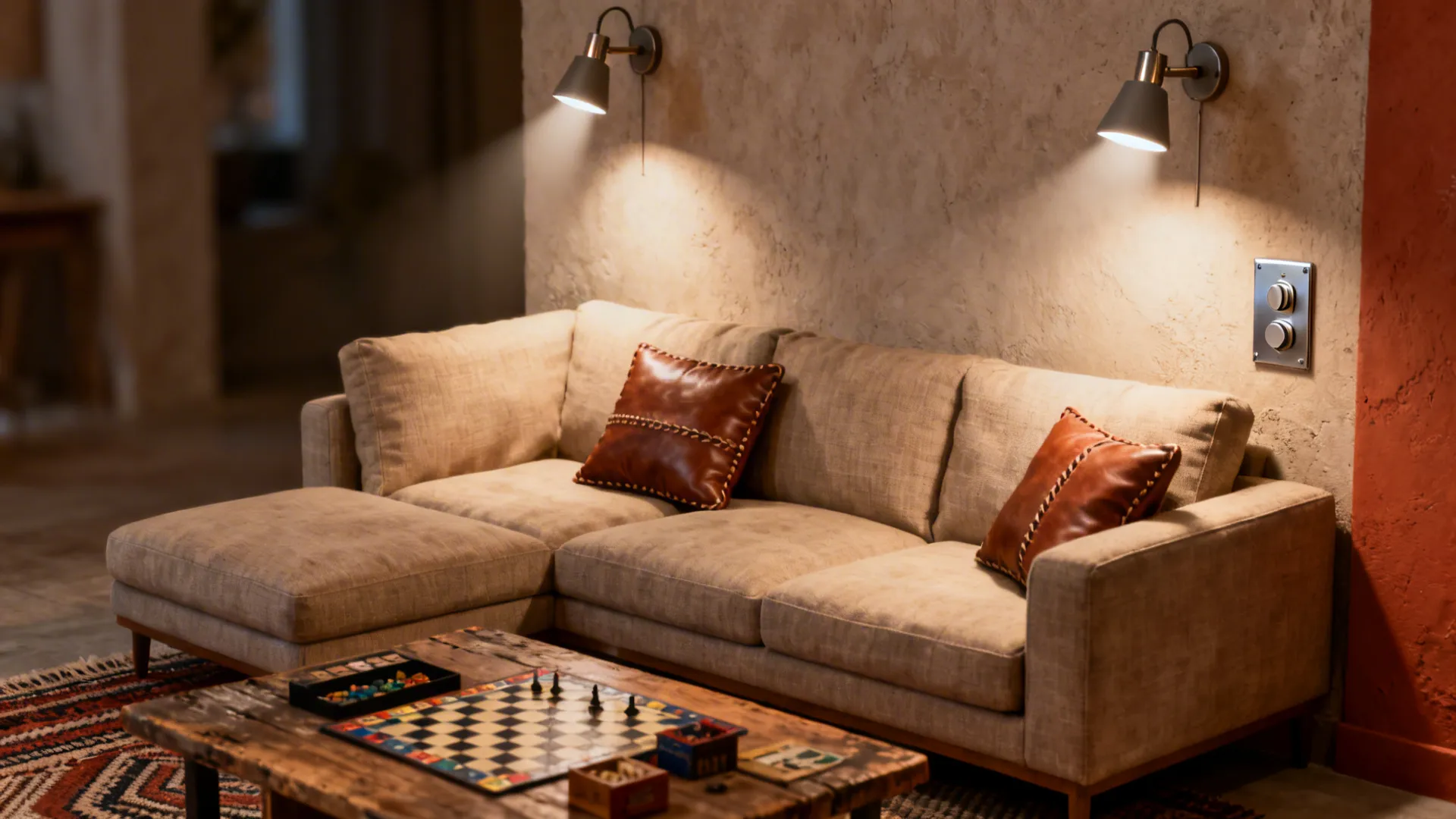 Compact sectional lit by adjustable wall sconces with a warm dimmed glow