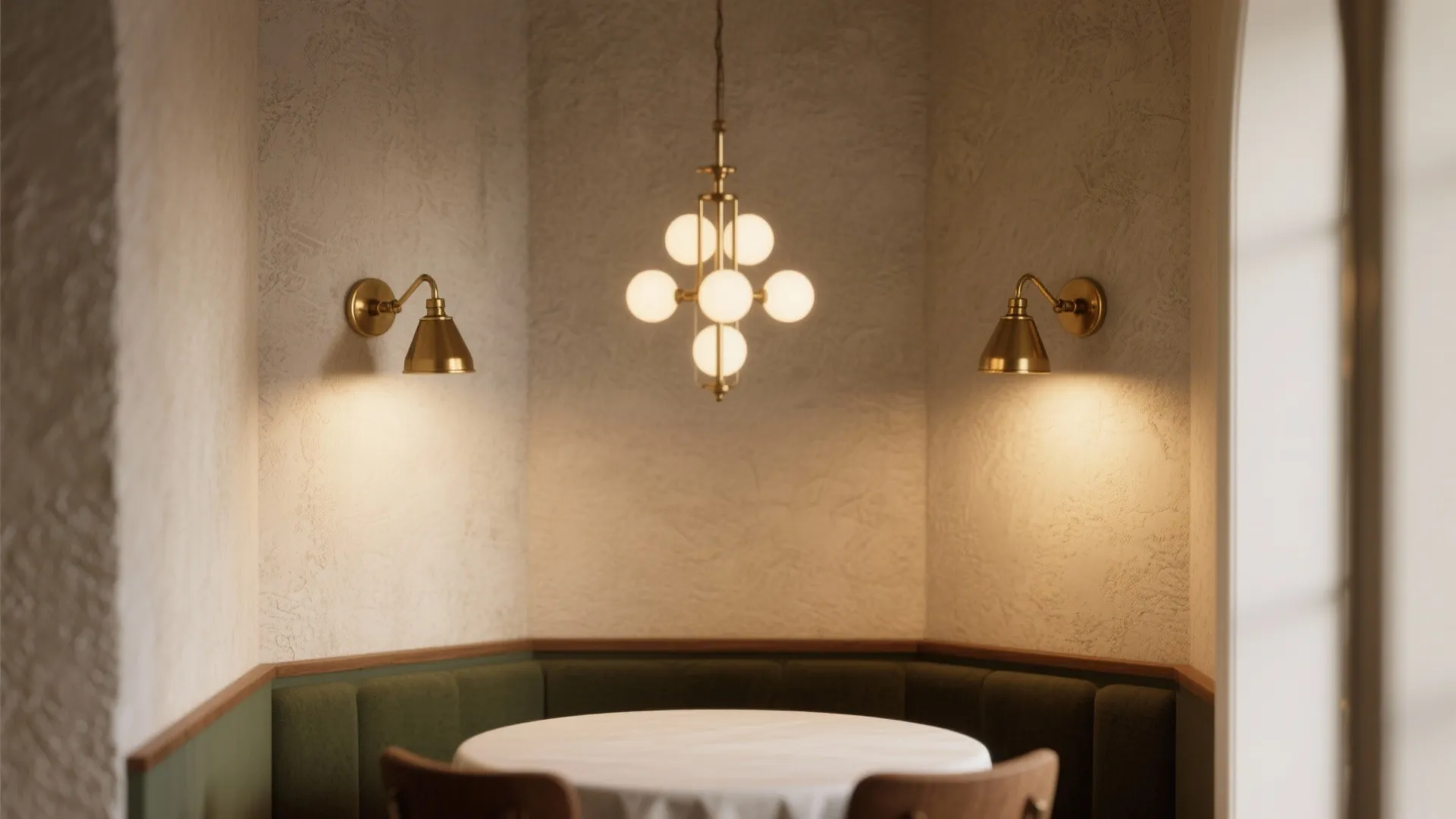 Dining area with round white table, green booth seating, brass wall lights, and ceiling light