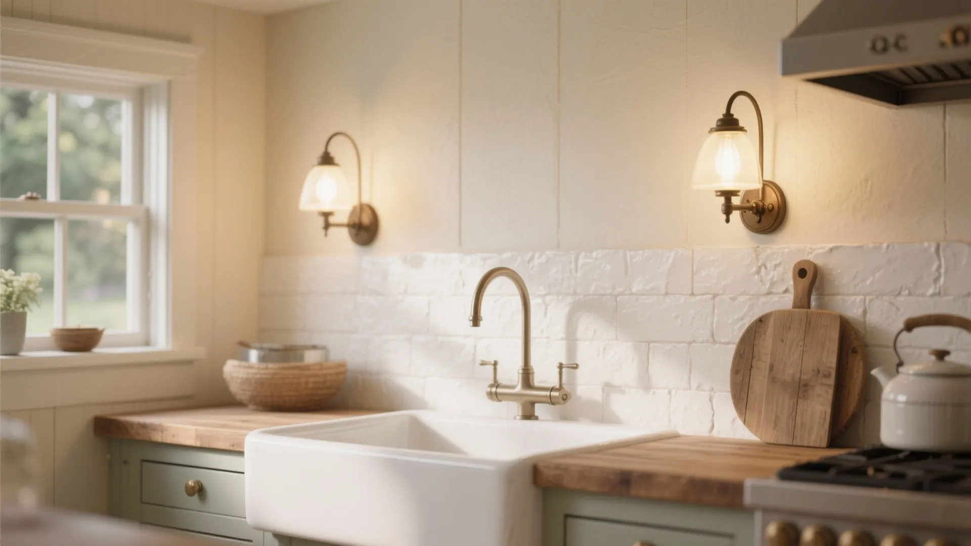 Rustic kitchen sink with white wall panels and two classic wall light fixtures for illumination