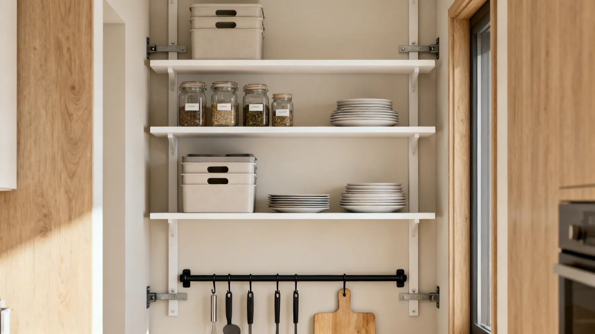Kitchen wall with white shelves on metal rails holding glass jars plates and storage boxes