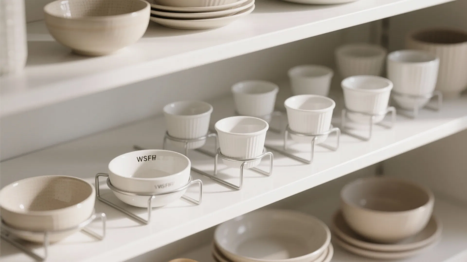 White kitchen shelf organized with small ceramic bowls and cups using metal wire storage racks