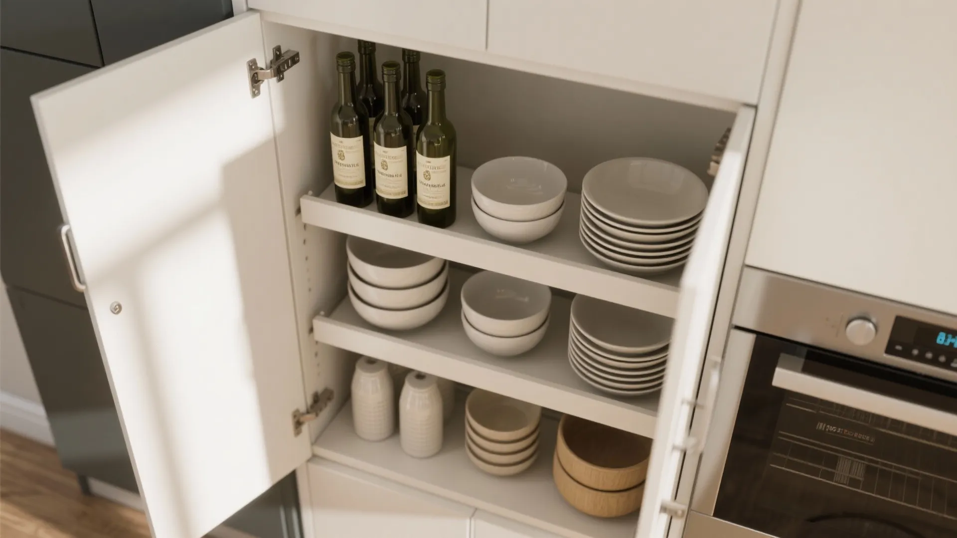 Open white kitchen cabinet with adjustable shelves holding glass bottles white bowls and ceramic plates