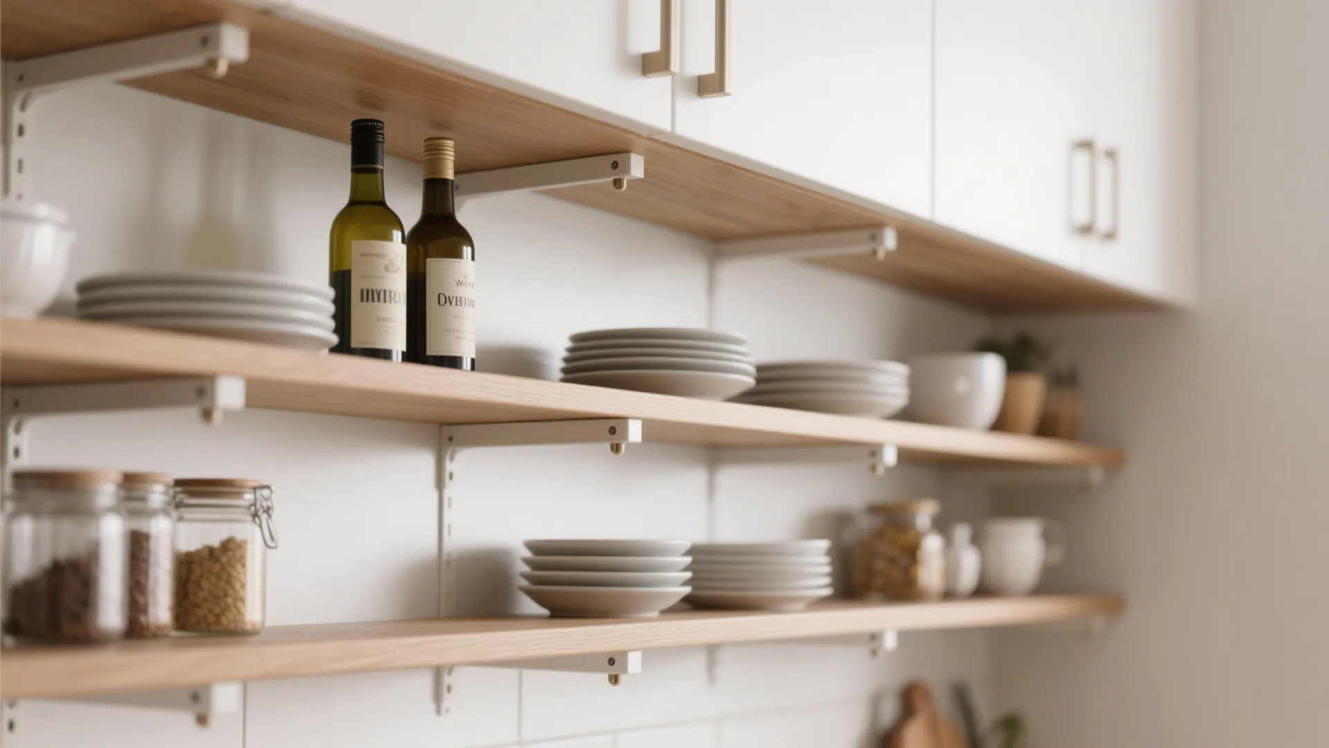 Minimalist wooden kitchen shelves mounted on white wall holding ceramic plates bottles and glass jars