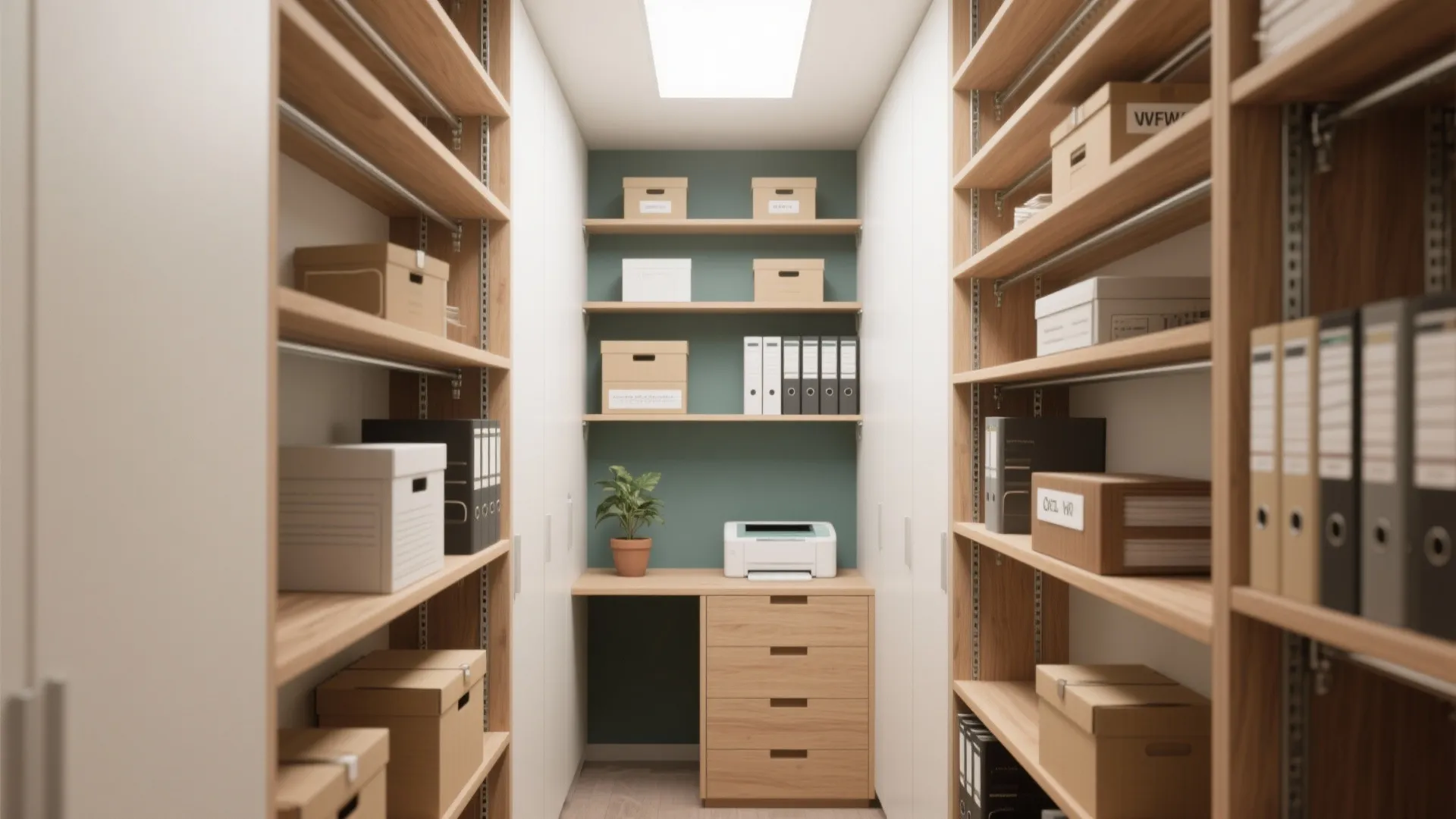 Storage room with wooden shelves holding boxes, files, a small plant, and a white printer