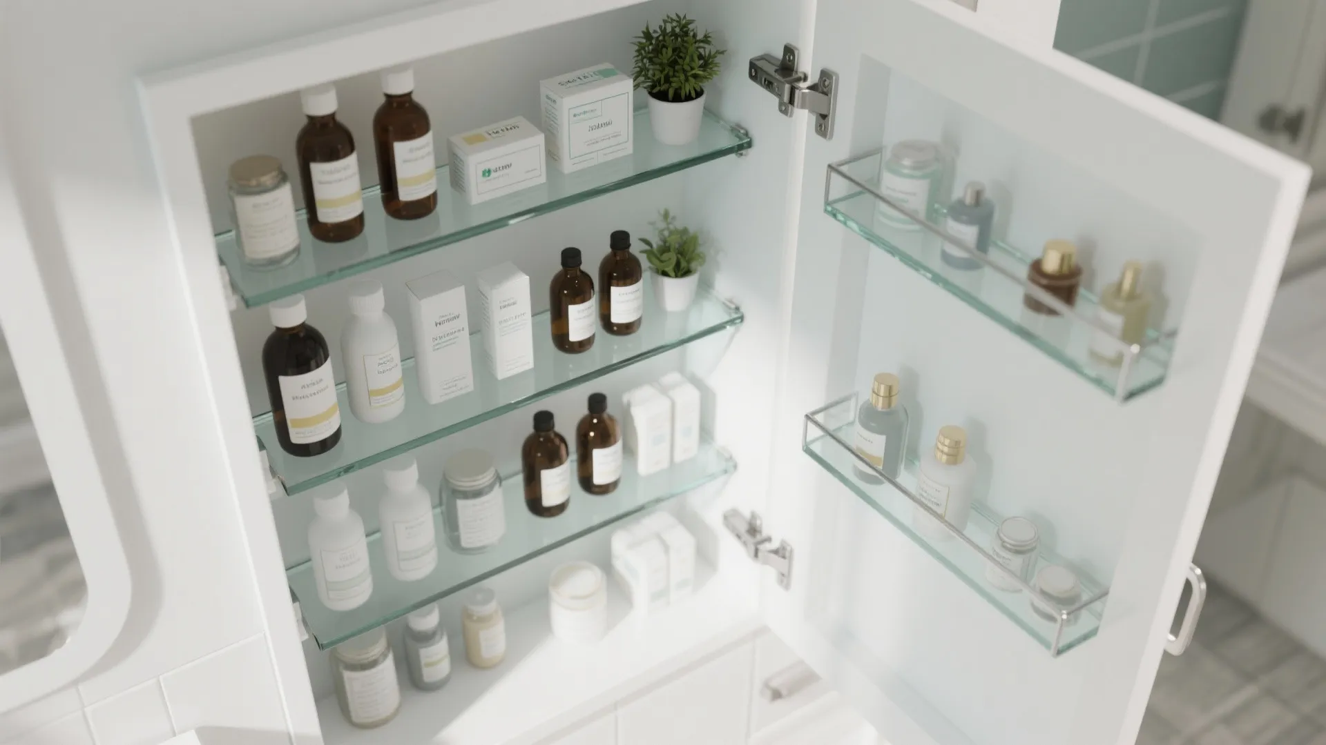 Top-down view of a white medicine cabinet with adjustable glass shelves and organized toiletries.