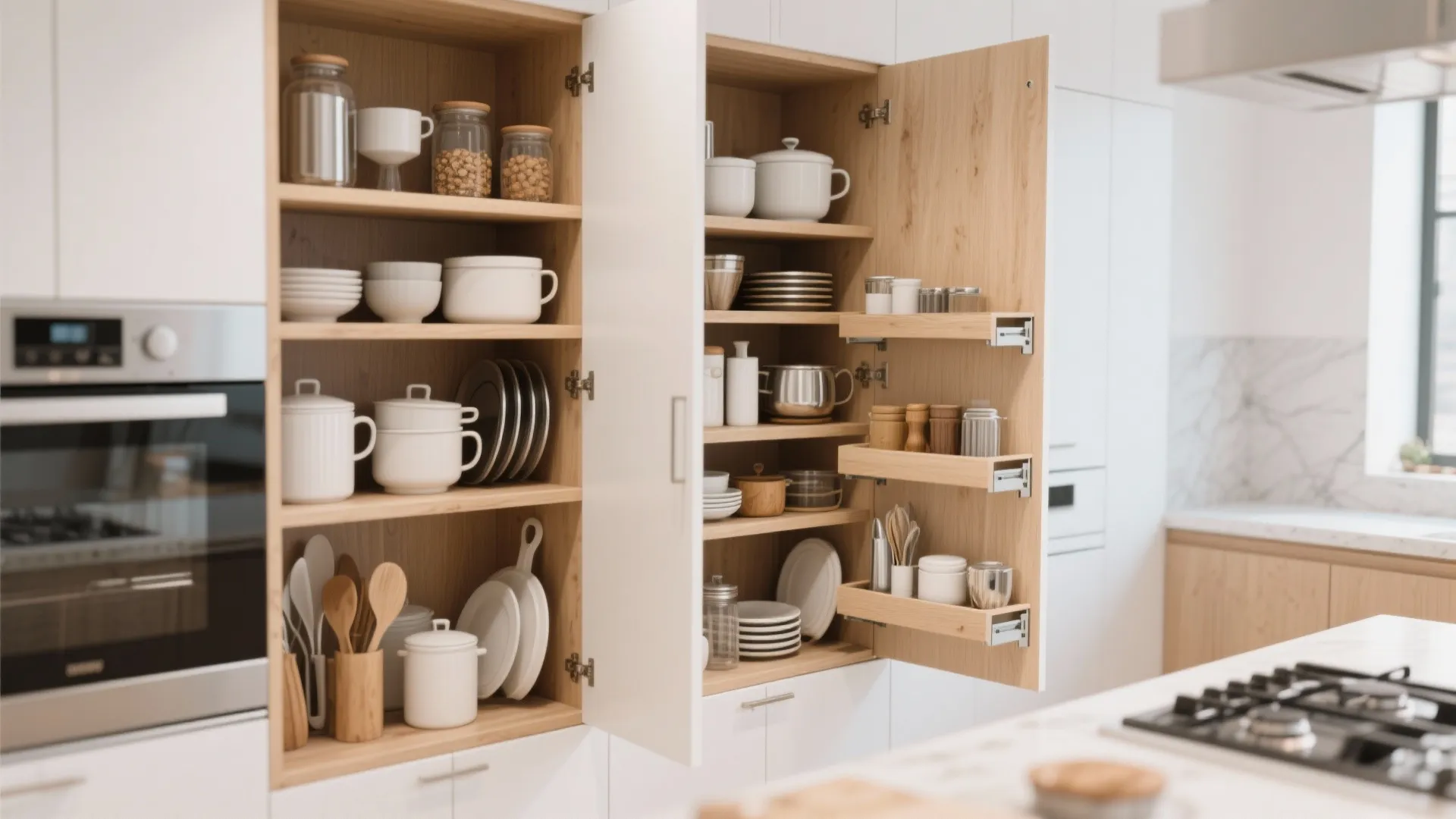 Open white kitchen cabinet with wood shelves organized with white bowls plates and kitchen tools