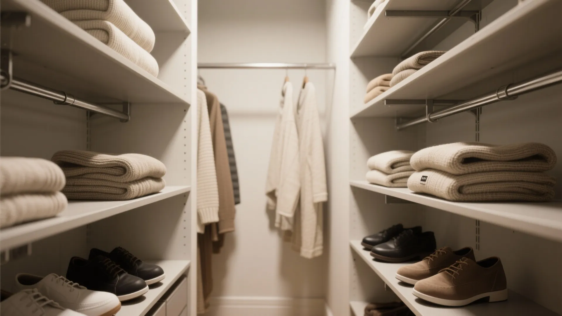 Walk in closet with white shelves holding folded sweaters and shoes beside a hanging clothes rack