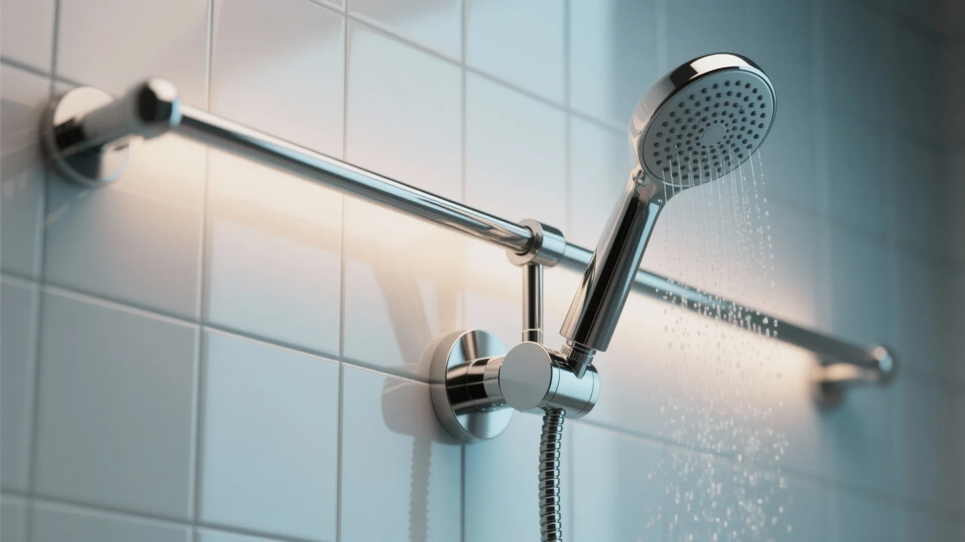 Chrome handheld shower head mounted on metal rail spraying water against white tiled bathroom wall