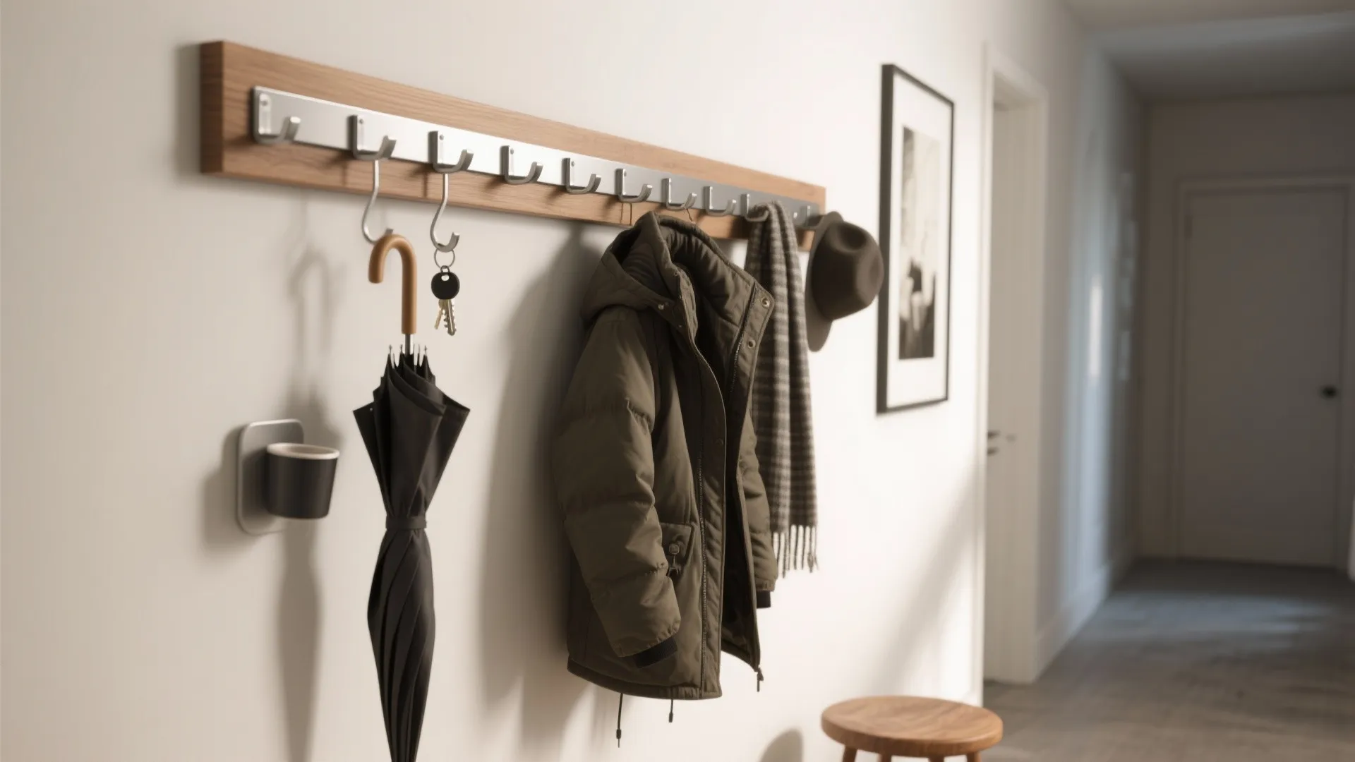 Wall-mounted rail with adjustable slide hooks
