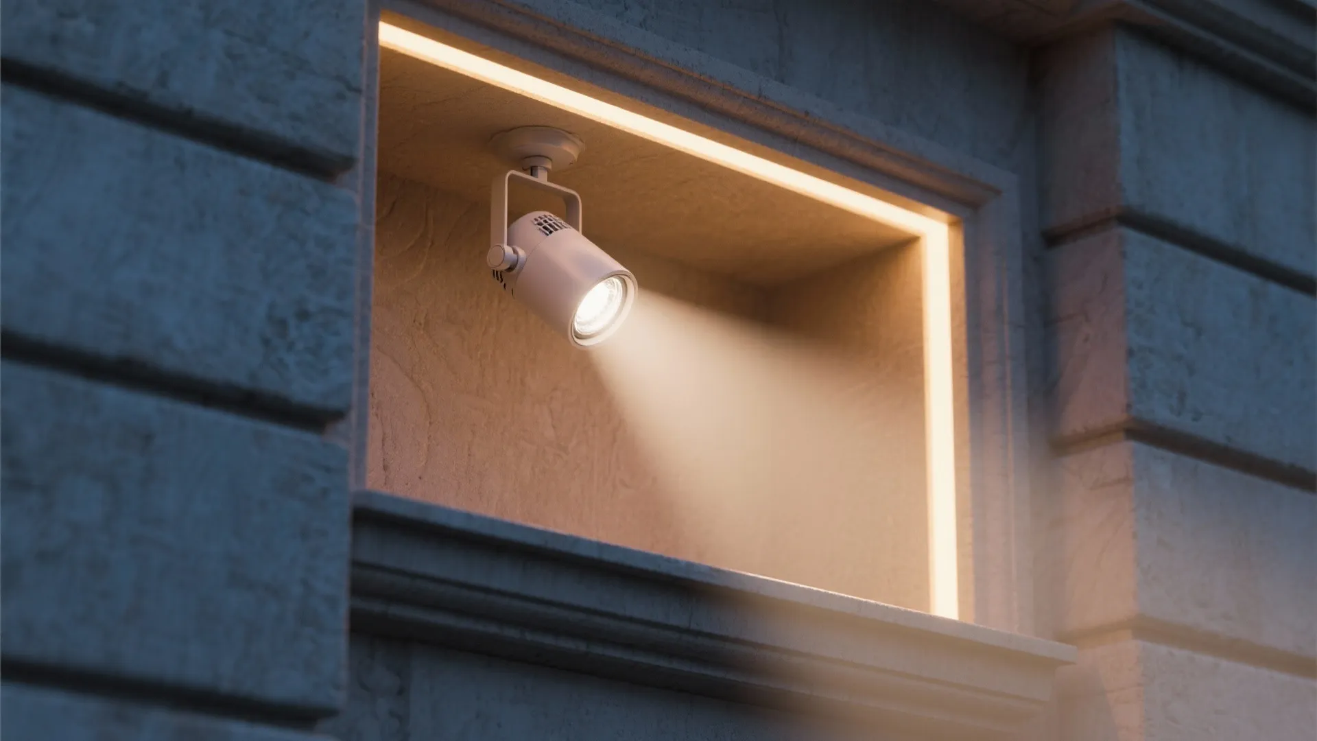 White adjustable spotlight mounted on stone wall shining bright warm light into a window niche