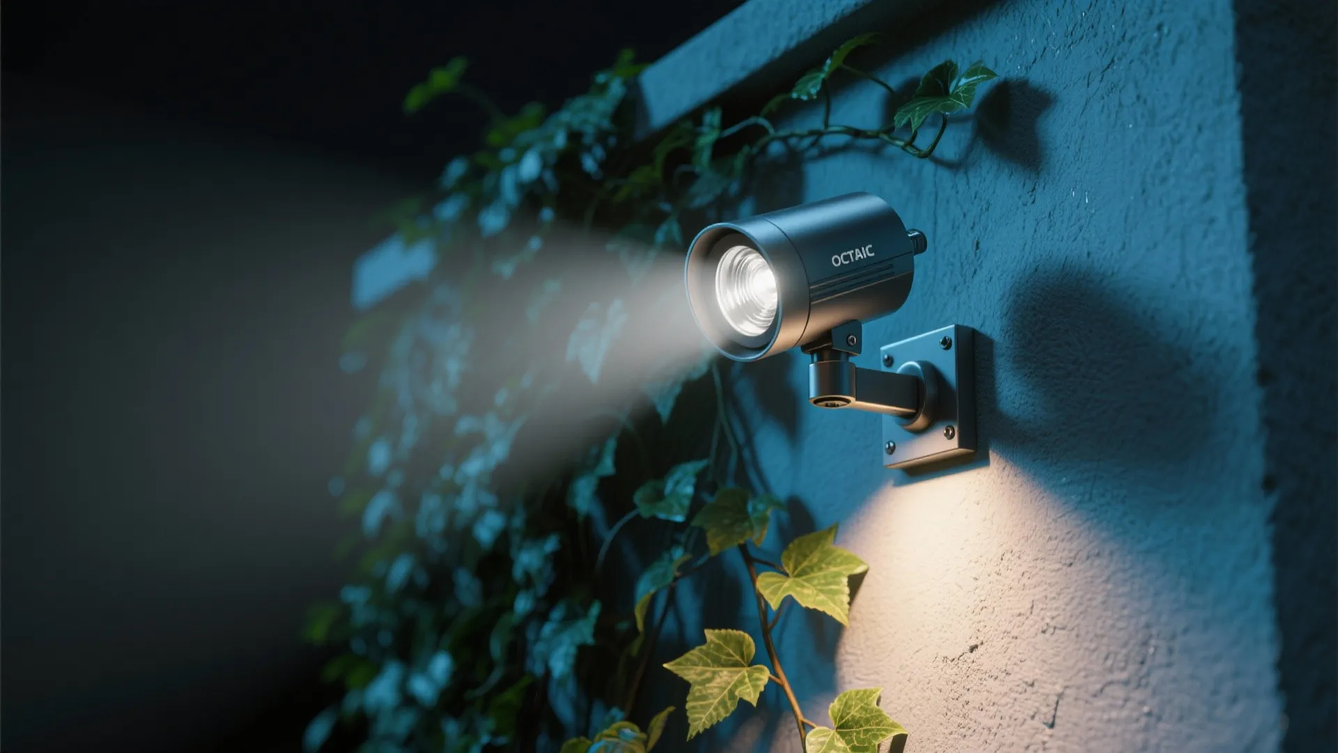 Small black outdoor light fixture mounted on a wall with green vines at dark night scene