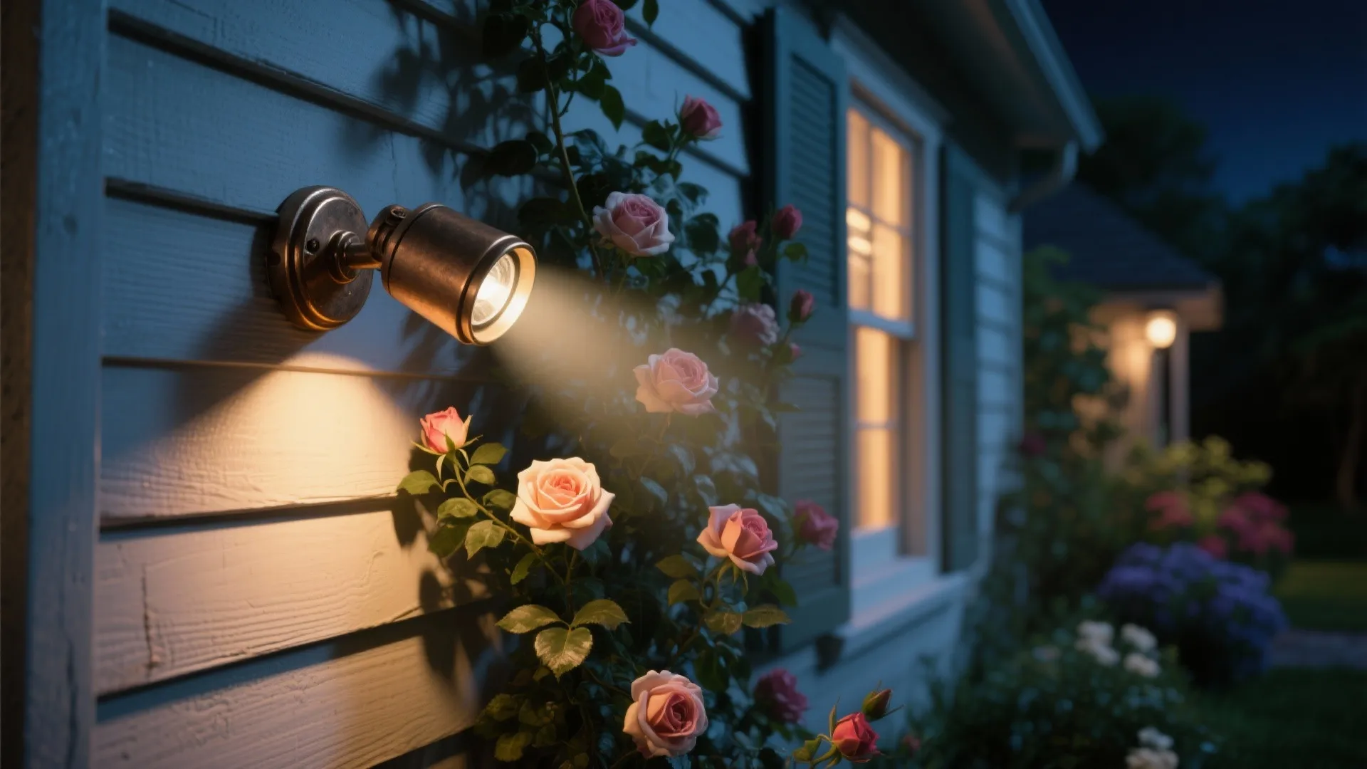 Outdoor wall light shining bright warm light on pink roses and house wall at night