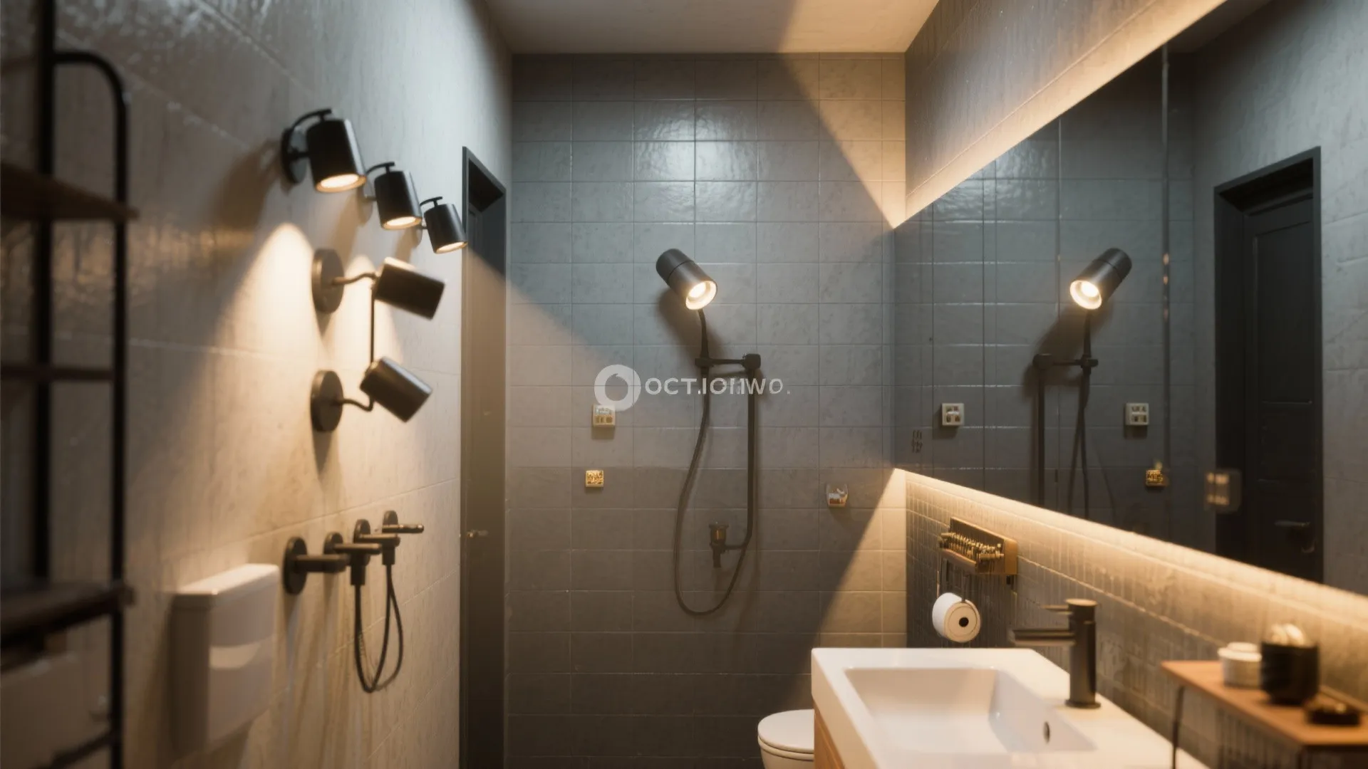 Modern bathroom interior featuring black wall lights a large mirror white sink and grey tiles