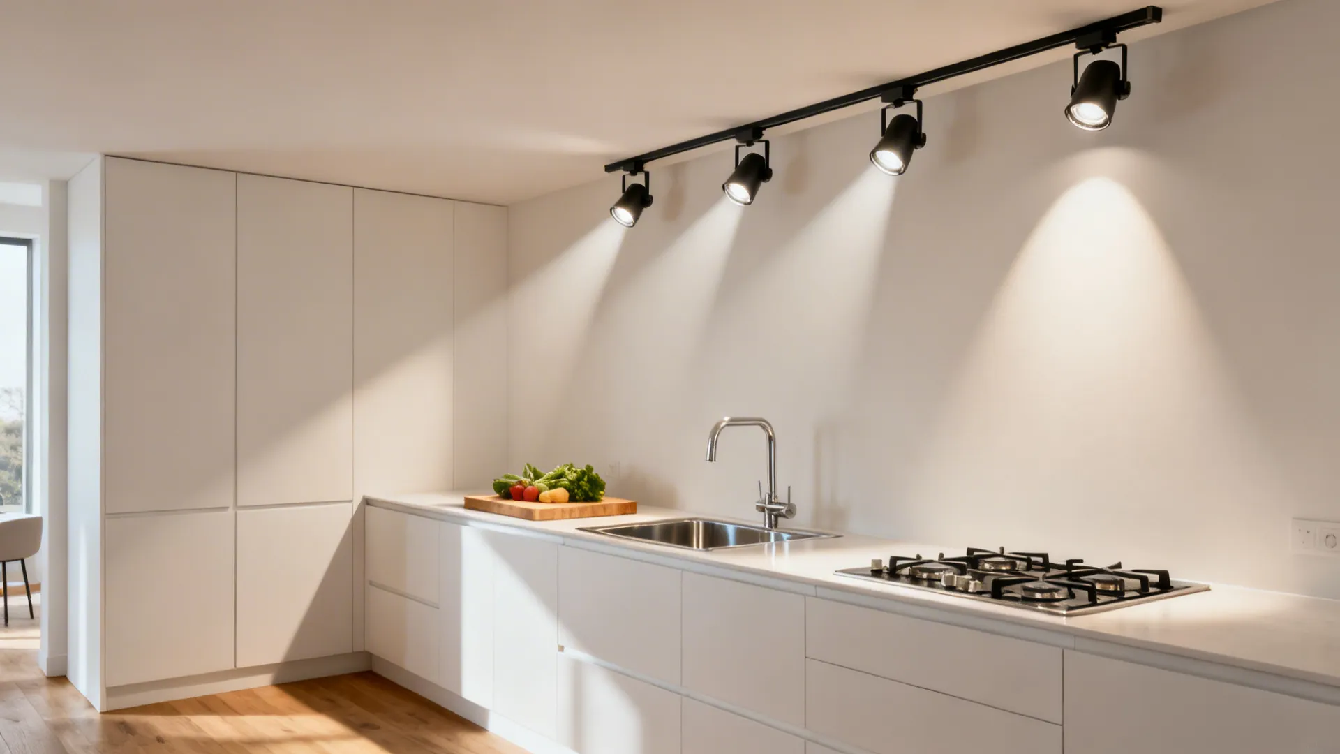 Low-profile track with gimbal spot heads aimed at sink, hob, and chopping area for precise task lighting.