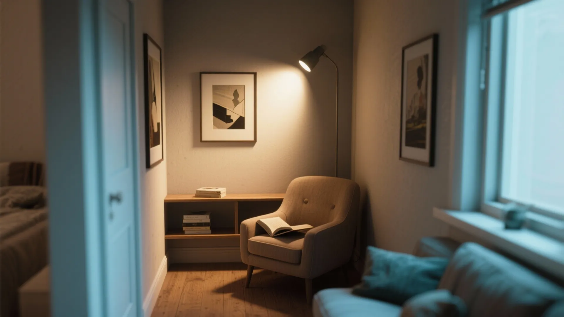 Cozy reading nook with artwork lit by an adjustable spot wall pack creating focused accent lighting.