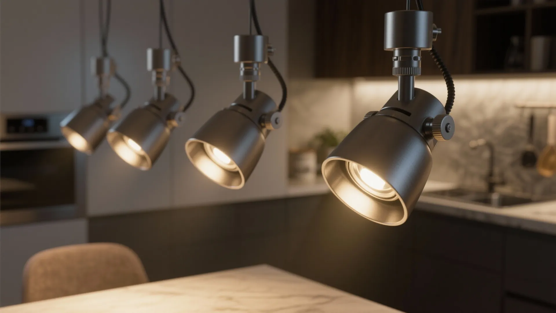 Row of four grey hanging light fixtures illuminating a white kitchen table in the evening