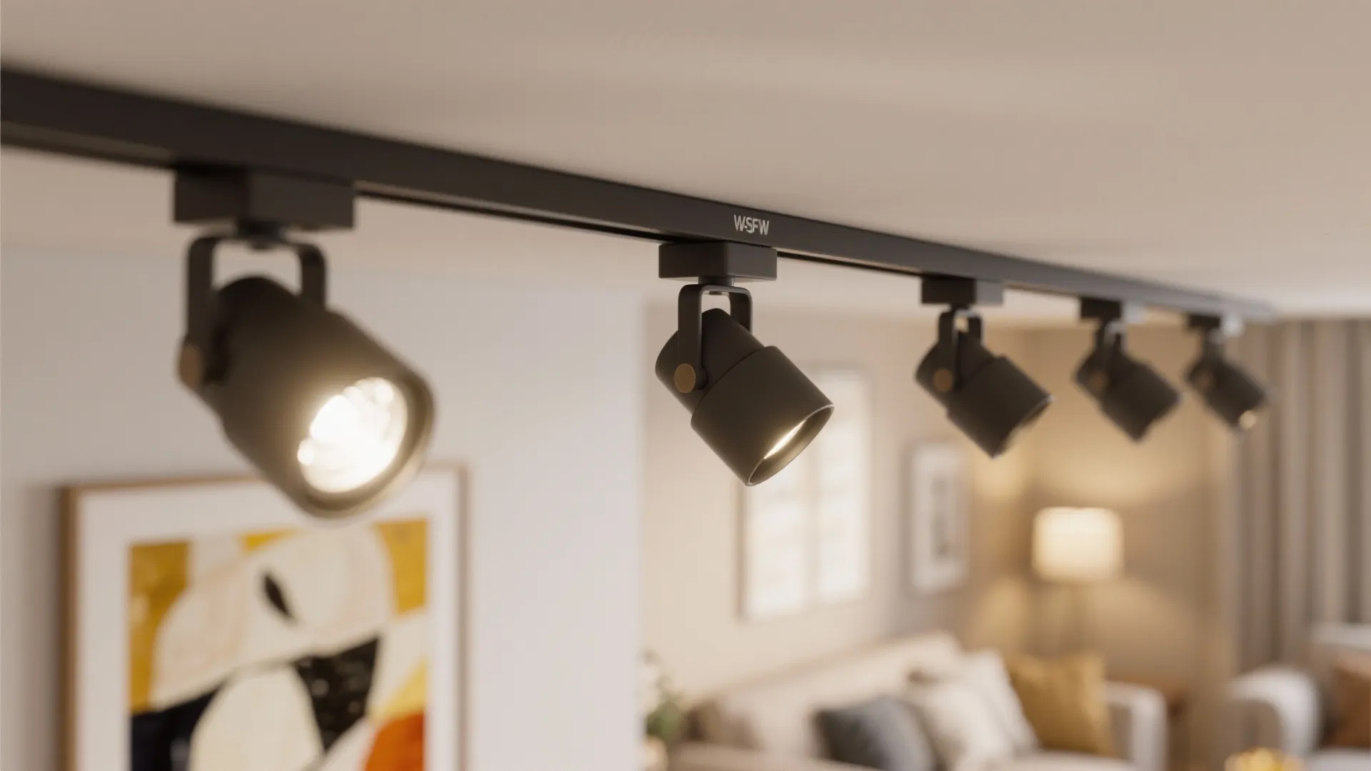 Close-up of adjustable spotlight heads highlighting wall art in a living room
