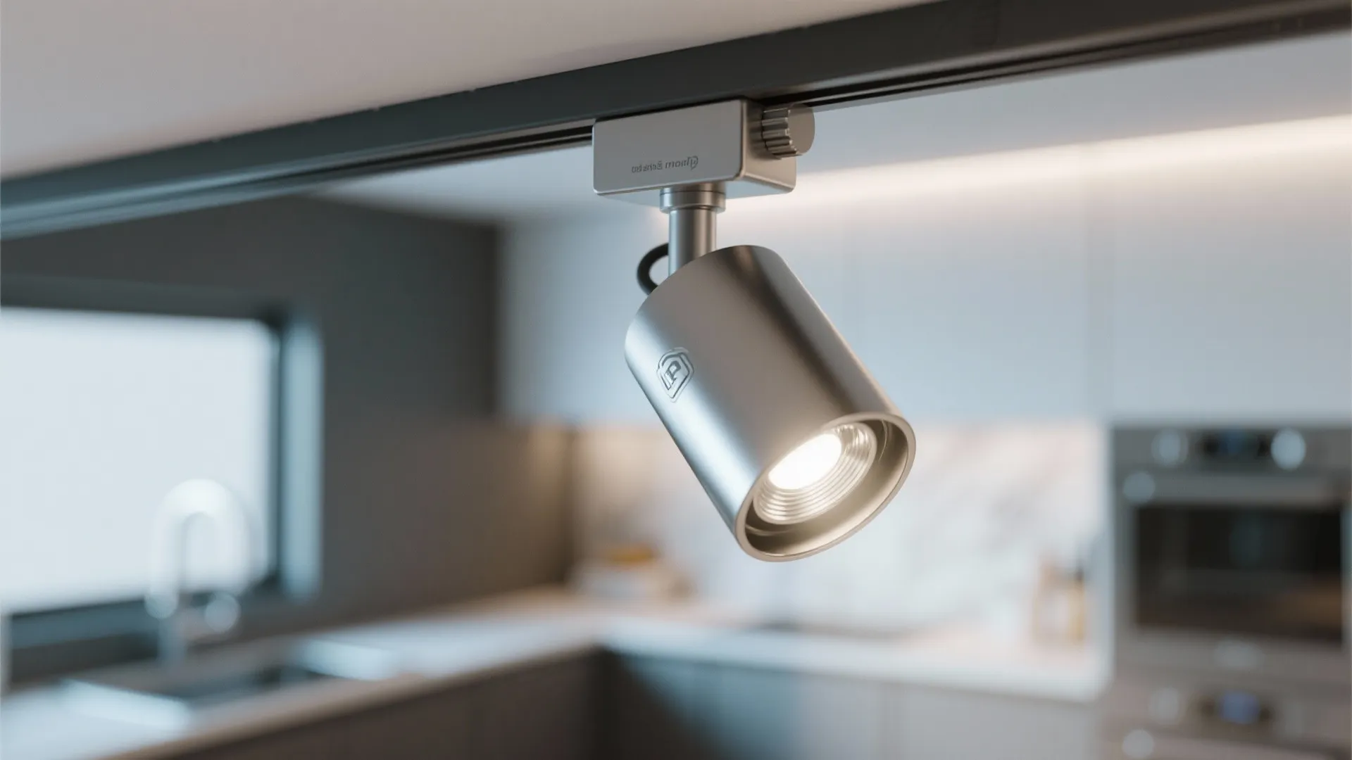 Silver metal adjustable track light fixture installed on a black ceiling rail in modern kitchen