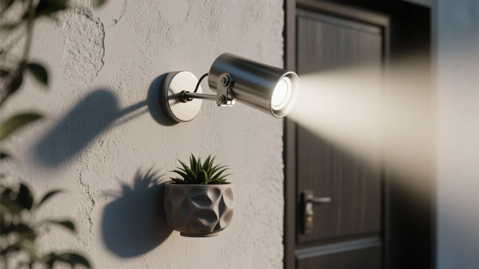 Silver adjustable wall light shining bright beam onto a white textured wall with a small plant