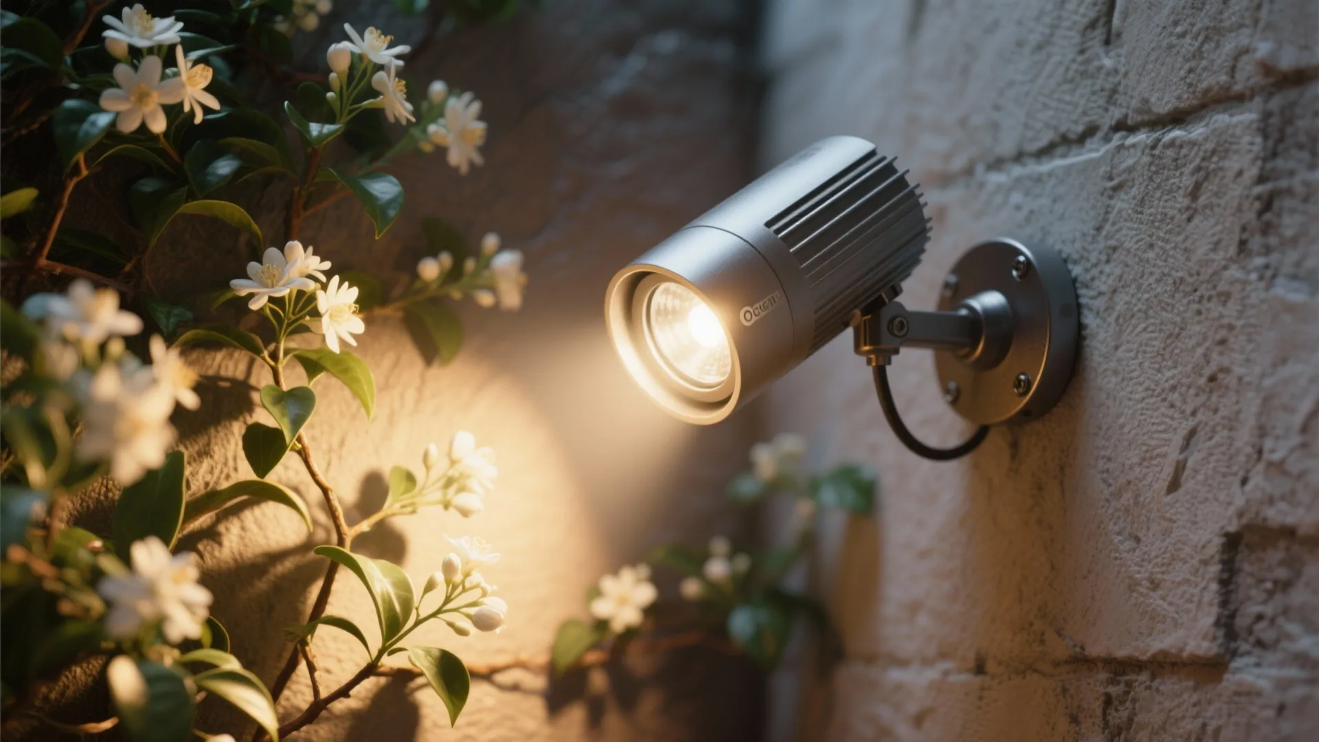 Modern silver wall light shining warm beam on white flowers against a textured stone wall