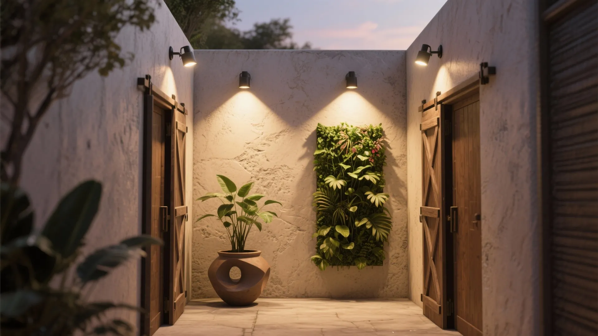 Outdoor patio with stone walls, wooden doors, potted plants, and warm wall lights at night