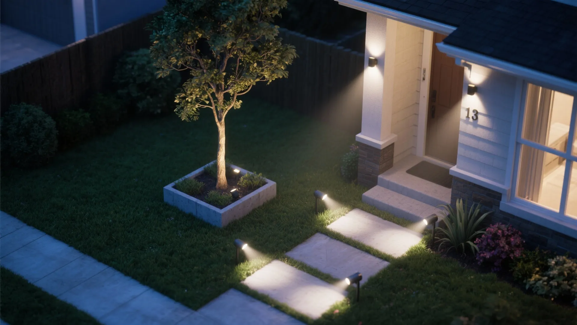 Outdoor house garden with wall lights and ground lights illuminating a stone path and tree